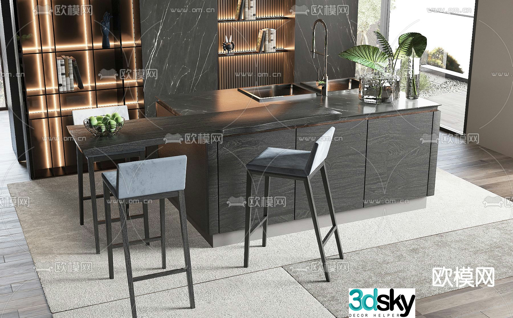 Island dining table and chairs Middle island counter bar 3D model