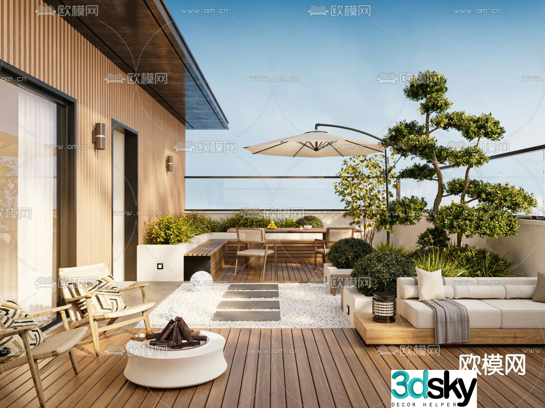 Creamy Balcony Terrace Penthouse Garden 3D Model