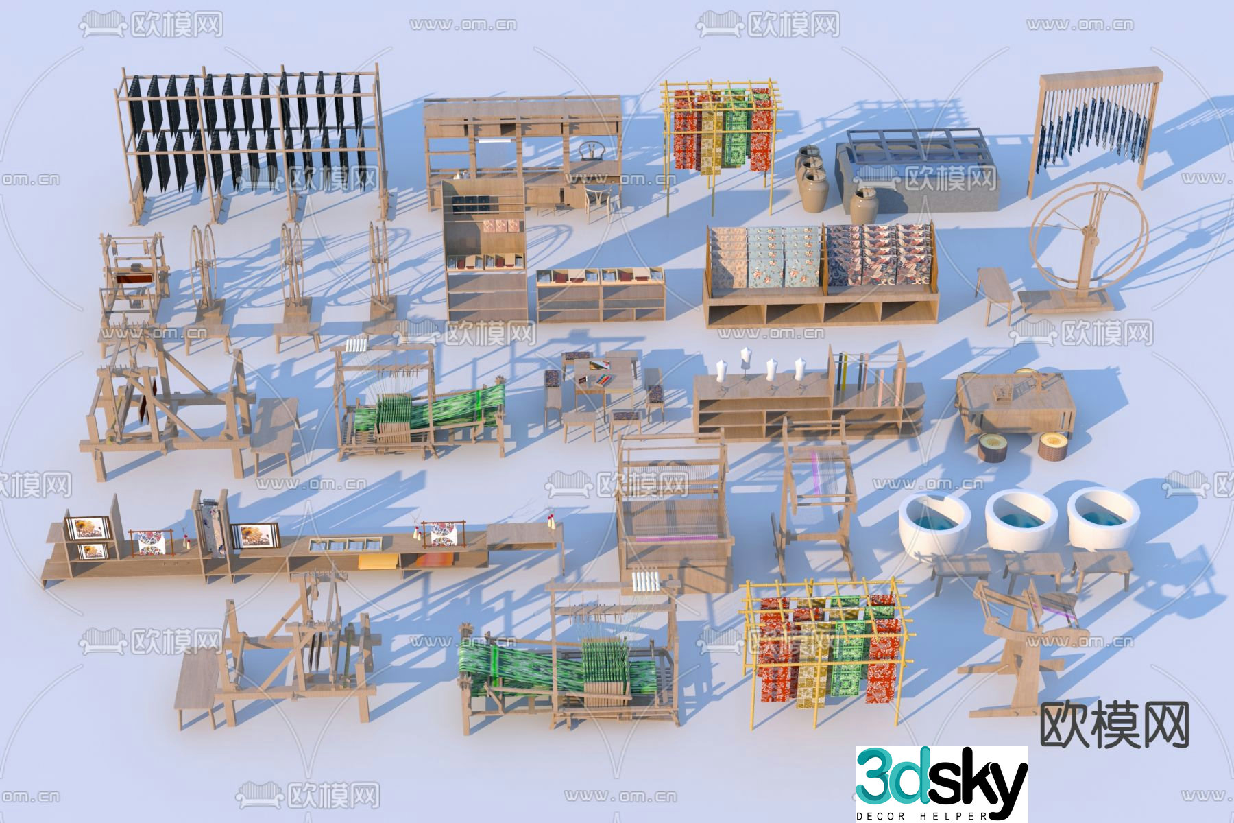 Chinese loom dyeing workshop dye vat cloth drying rack 3D model