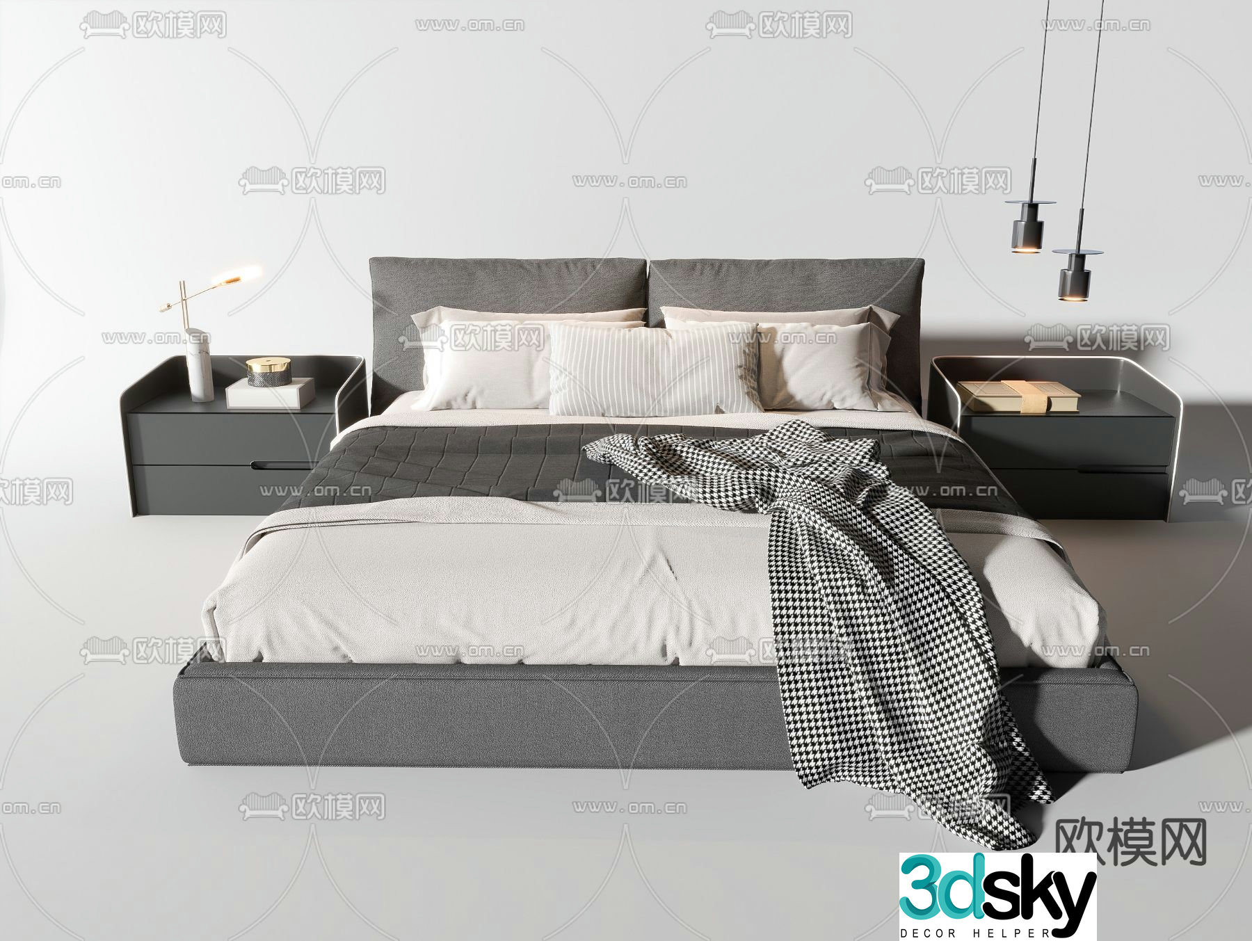 Premium gray double bed 3d model