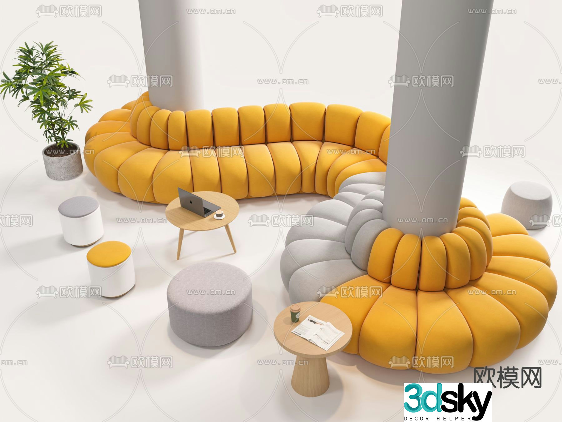 Curved sofa booth sofa office sofa 3D model