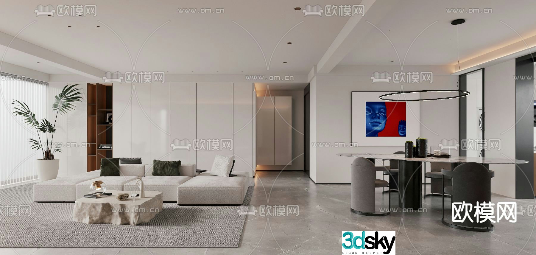 Modern living and dining room 3d model