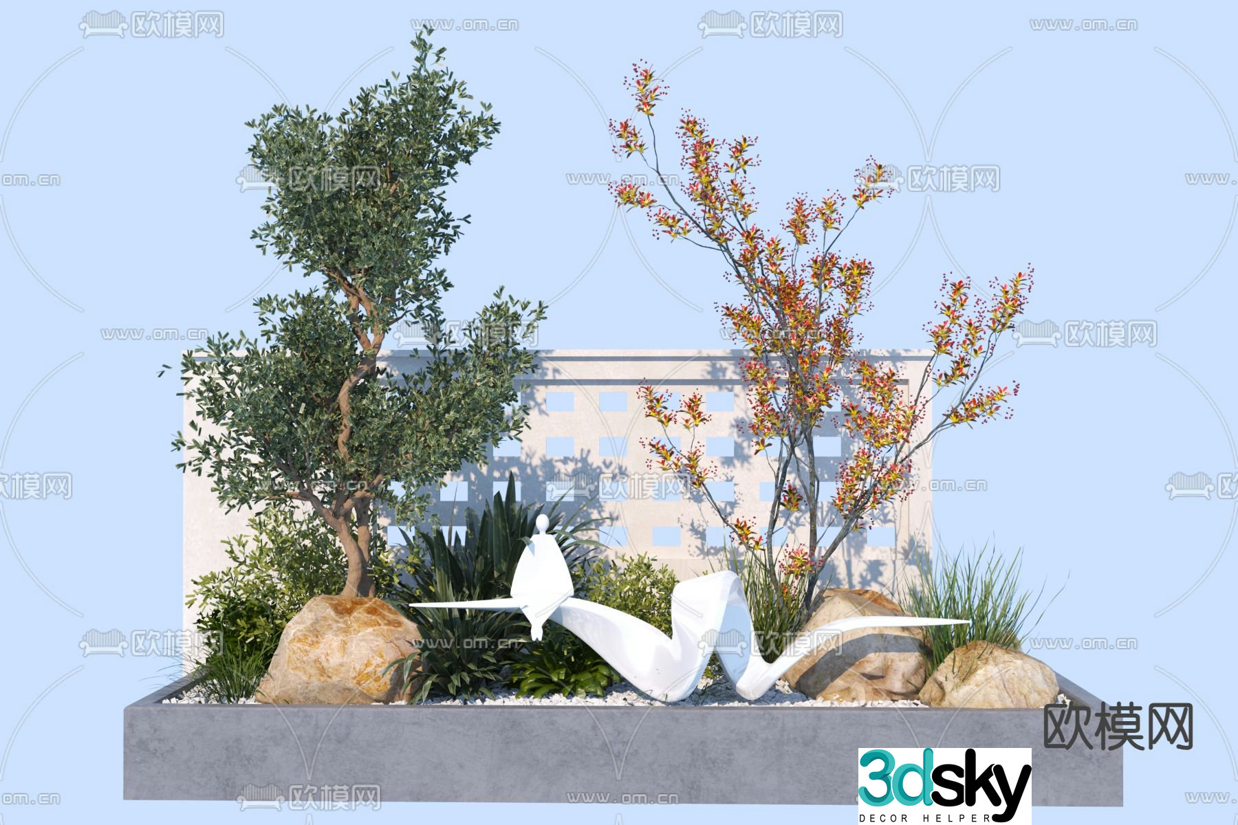 Garden sketch tree pond plant pile 3D model