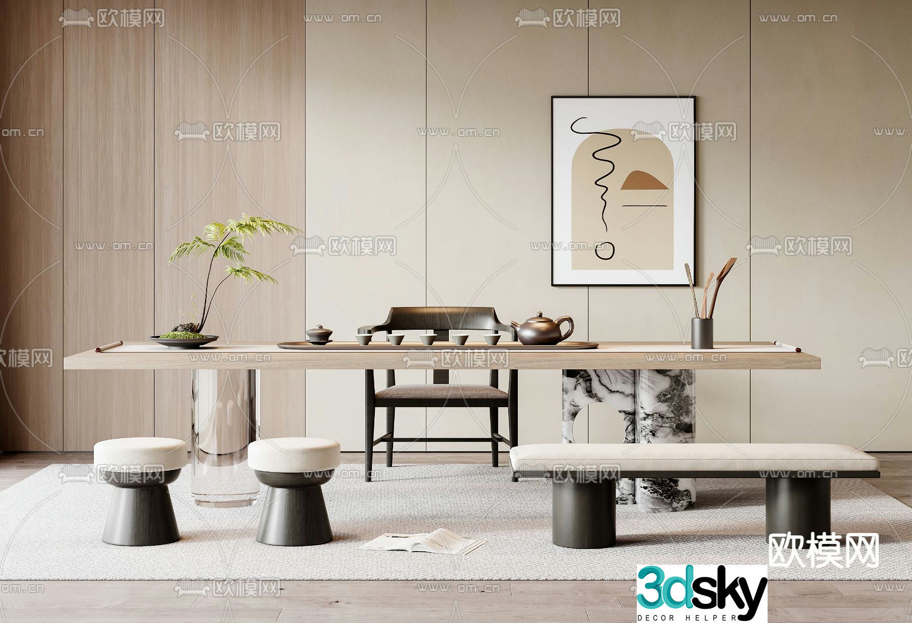 Modern tea table and chairs 3d model