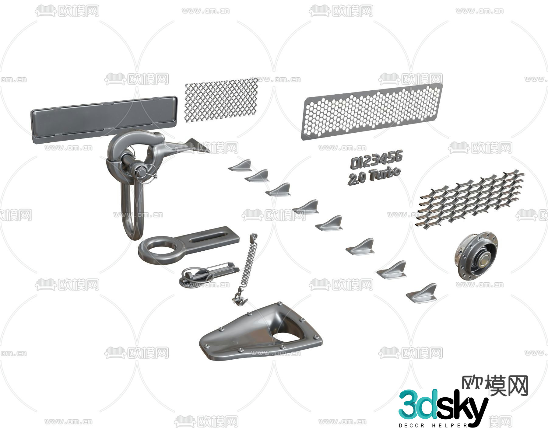 Auto parts, auto decoration parts, shark fins, antennas, springs, tow hooks, middle grille, air intake grille 3D model