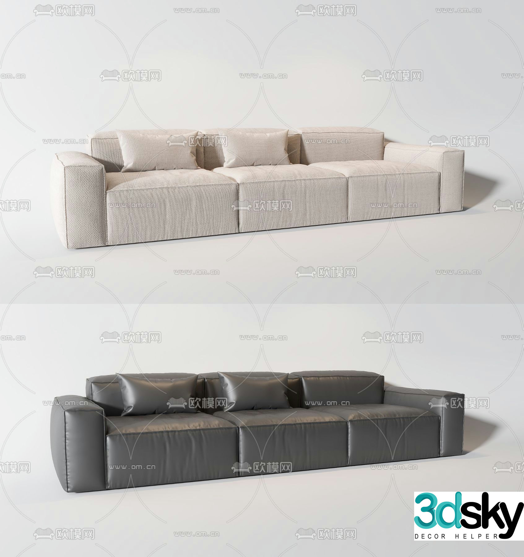 Cream style sofa three-seat sofa tofu block sofa 3D model