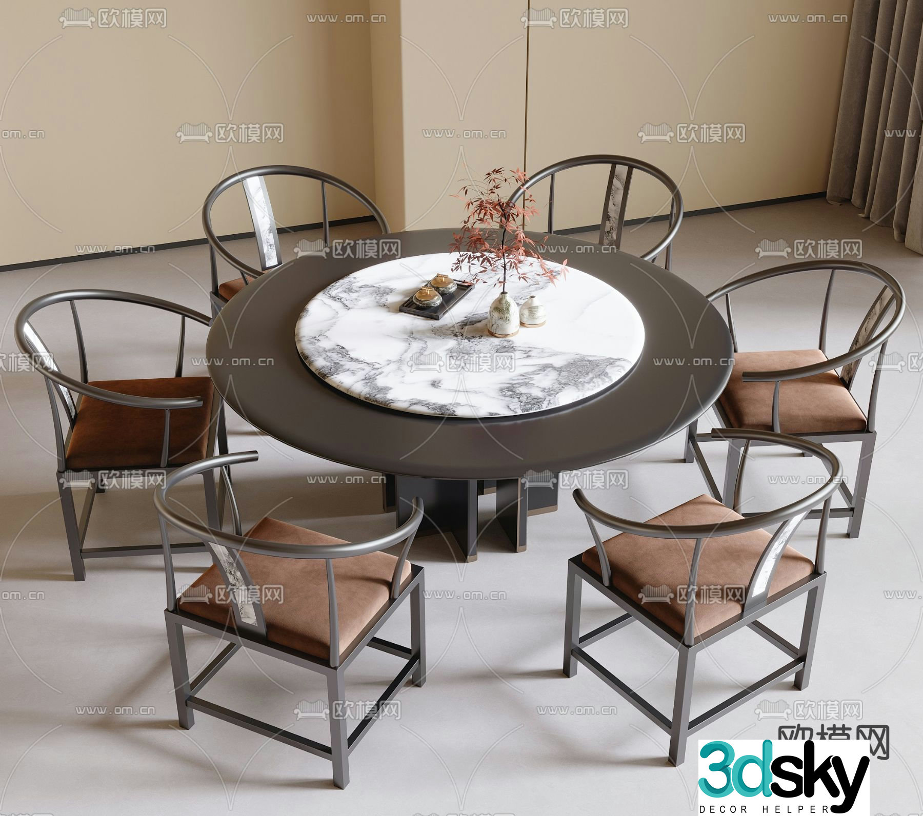 New Chinese style dining table and chairs round dining table 3d model