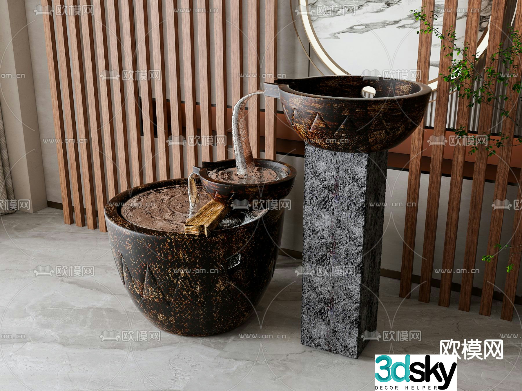 New Chinese style jar water flow device courtyard sketch 3D model