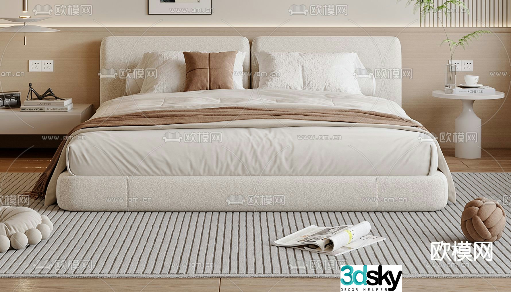 Cream style double bed 3d model