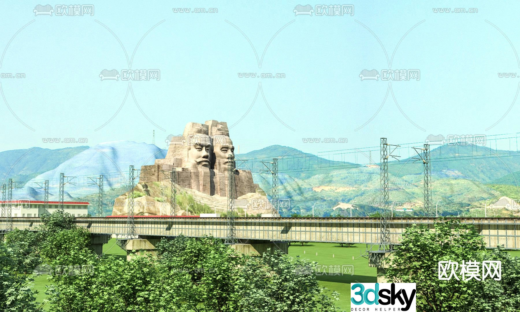 High-speed railway landscape 3D model of sculptures of Emperors Yan and Huang