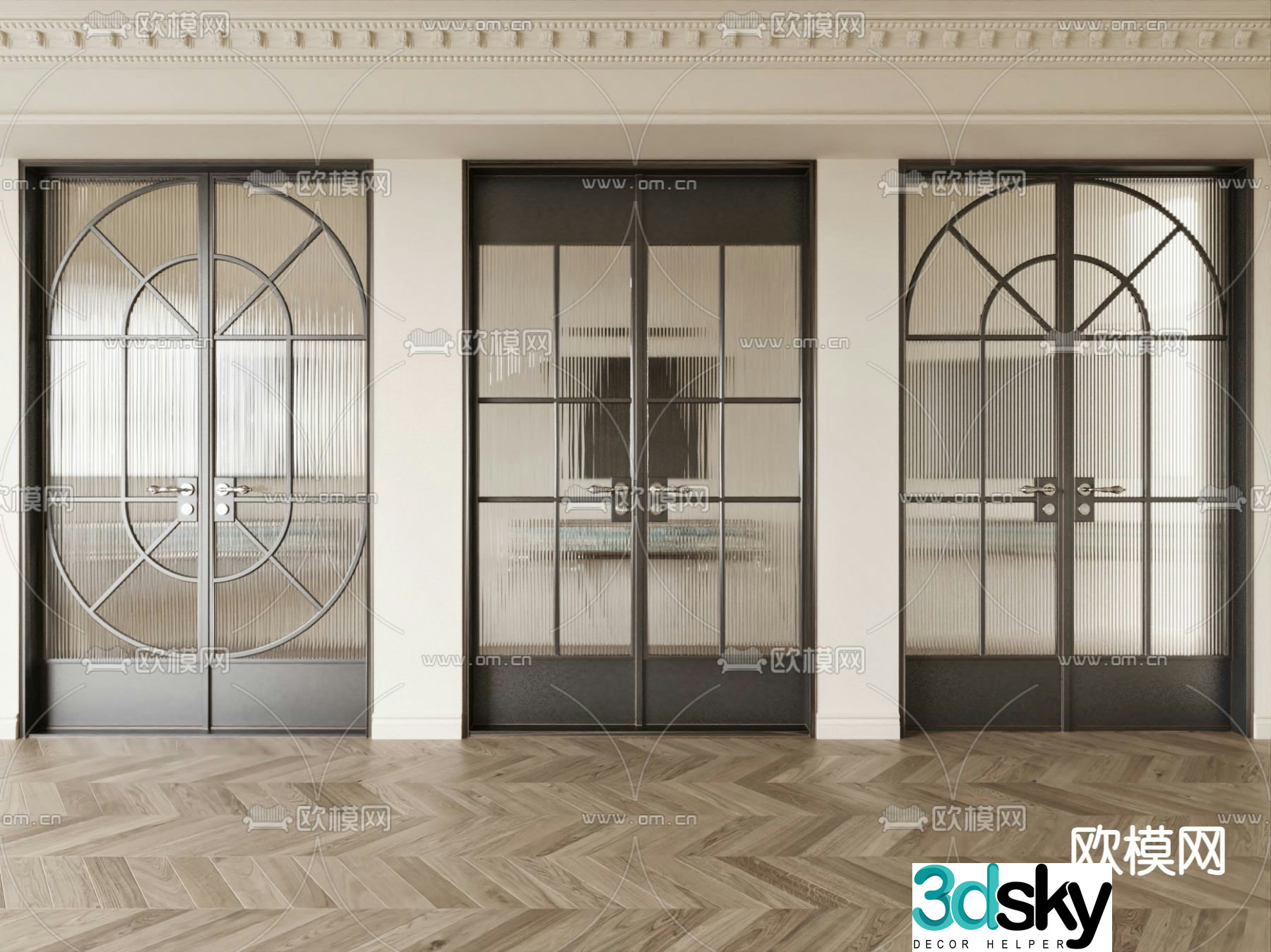 French glass door double-open door curved glass door 3D model