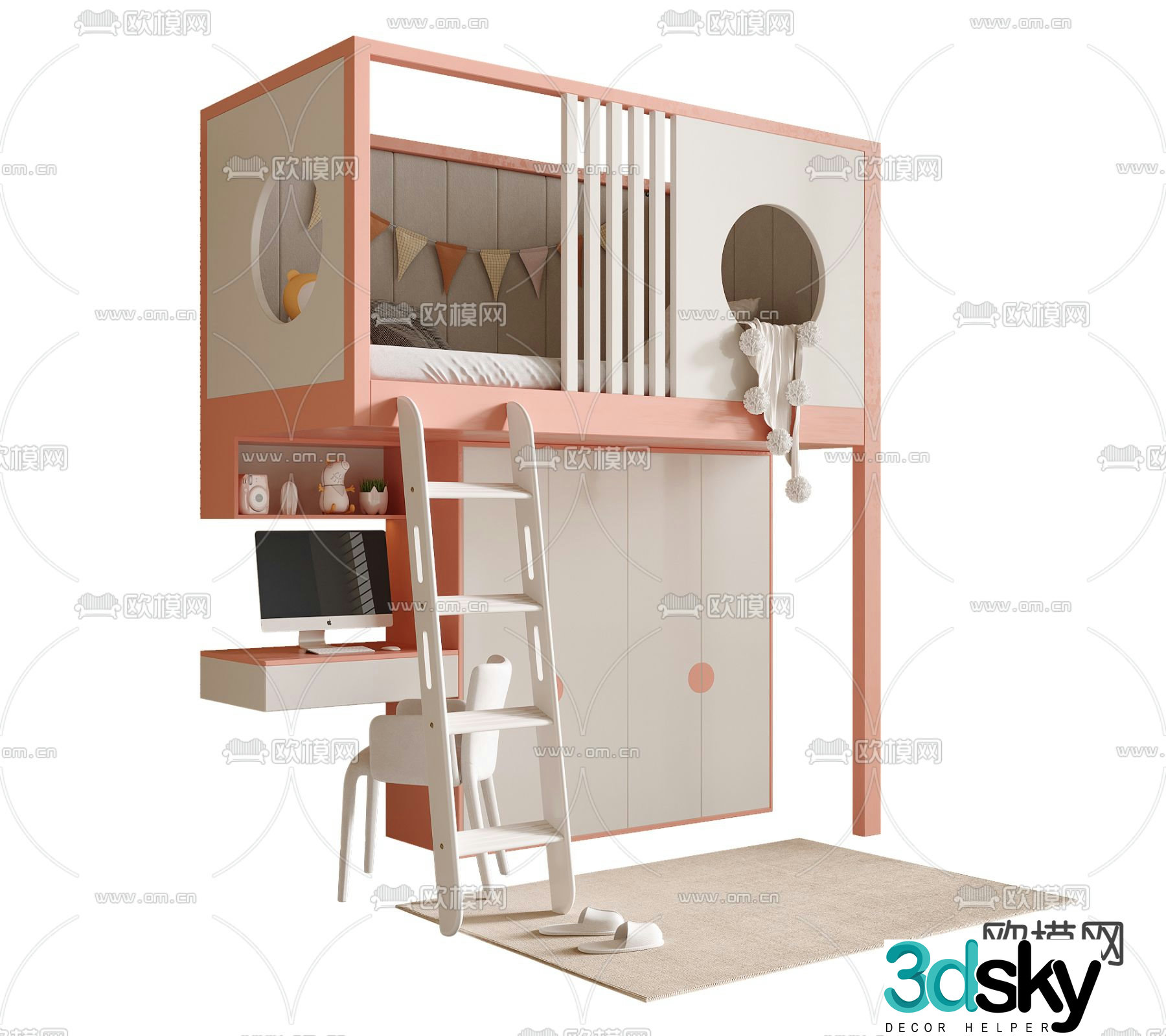 Children’s bed upper bed and lower table 3D model