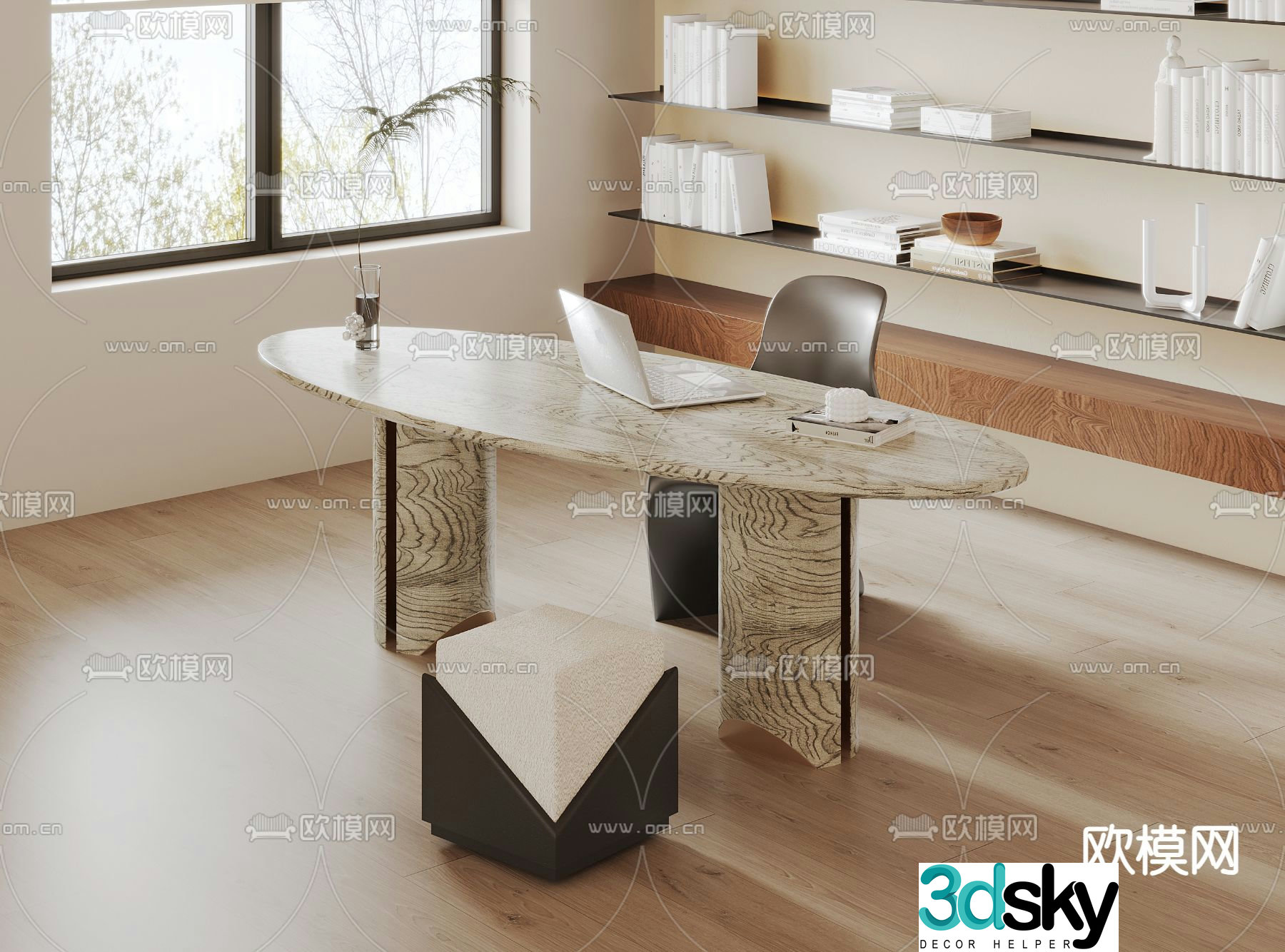 Oval desk computer desk study table 3d model