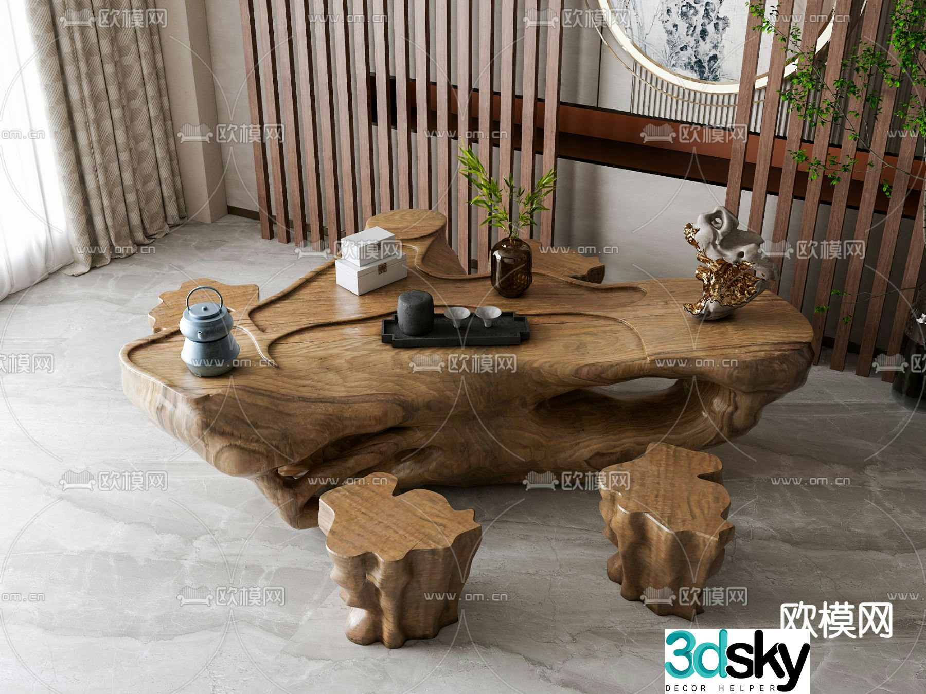 New Chinese style tea table tea stool 3d model