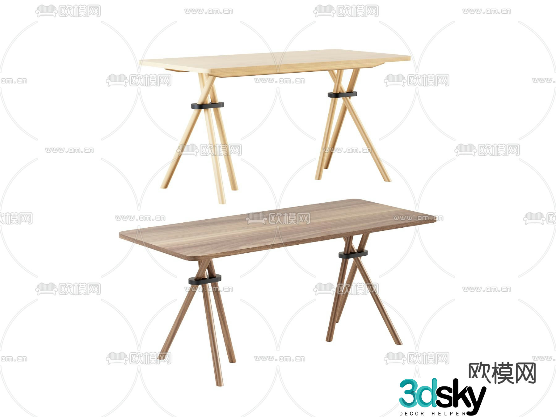 Solid wood dining table strip dining table 3d model
