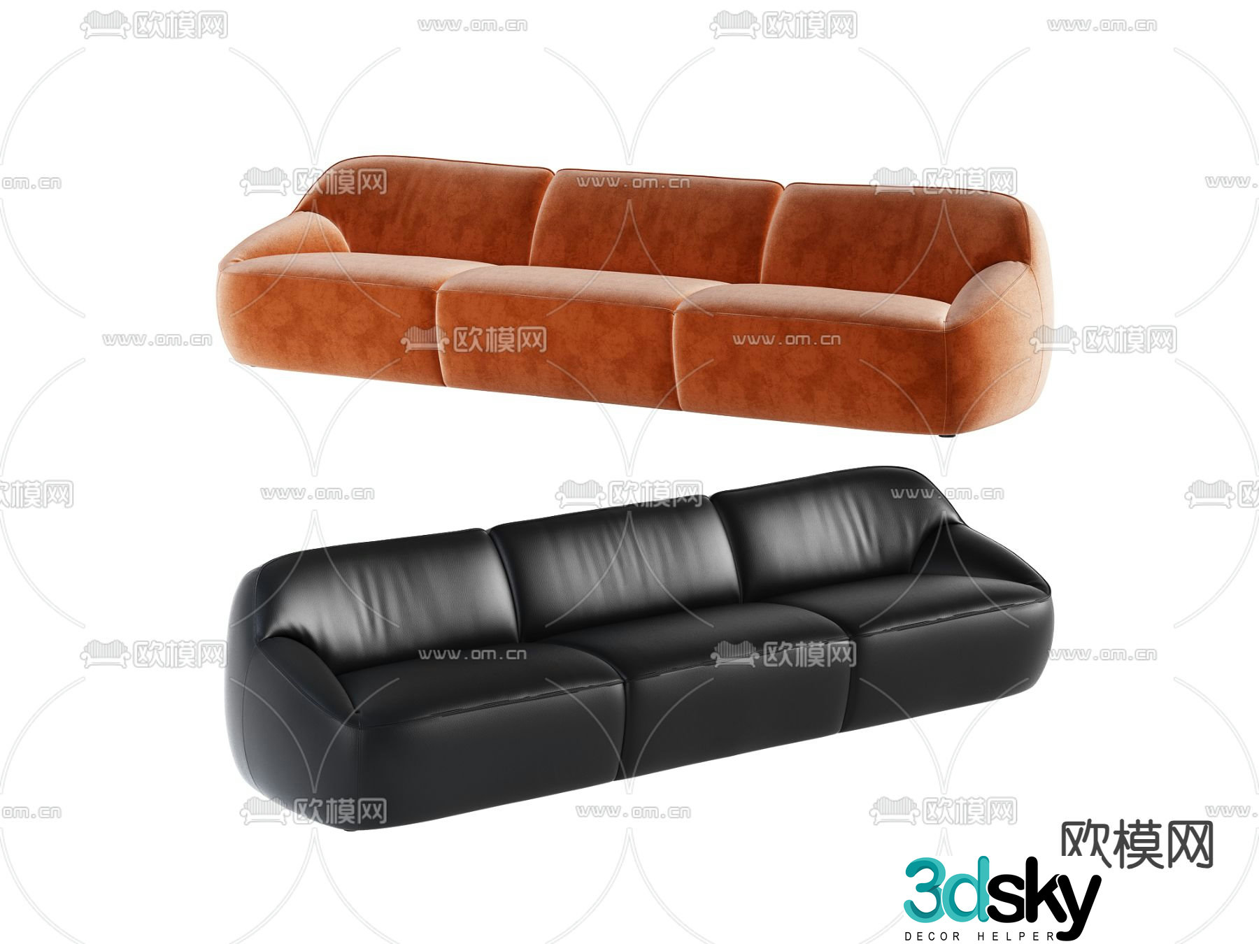 Three-person sofa leather sofa 3d model