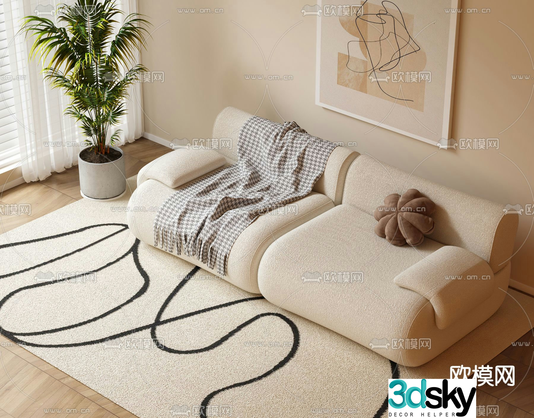 Cream style sofa double sofa 3d model
