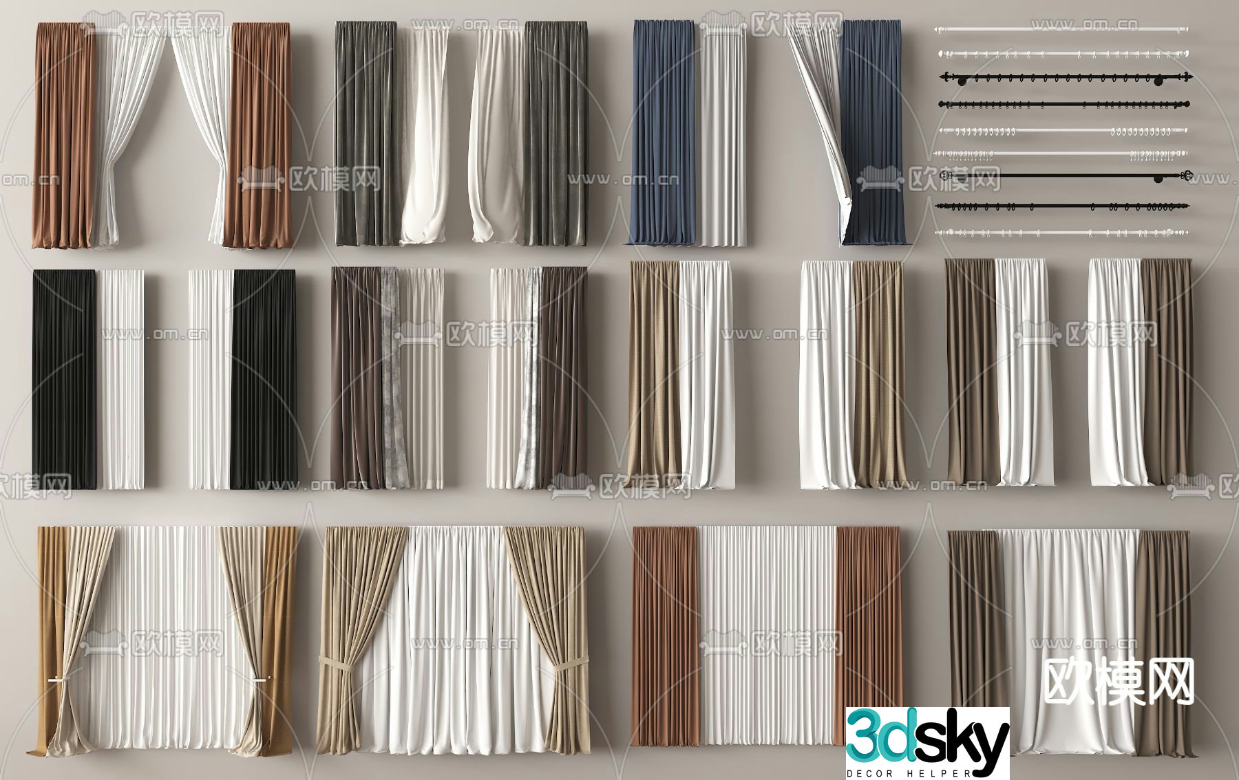 Plain curtains gauze curtains pleated curtains curtain rods 3D model