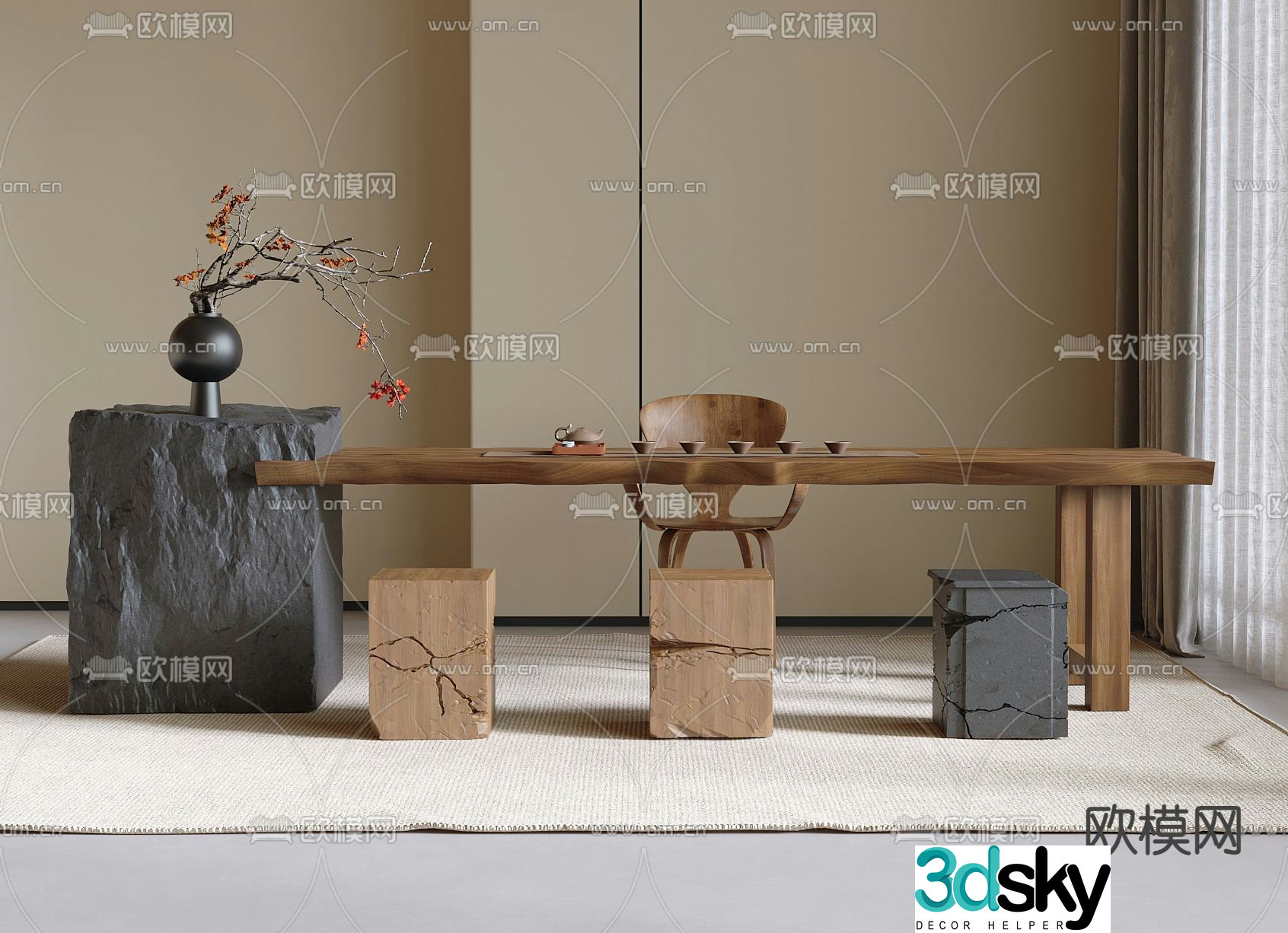 Modern tea table chairs stool solid wood tea table 3d model