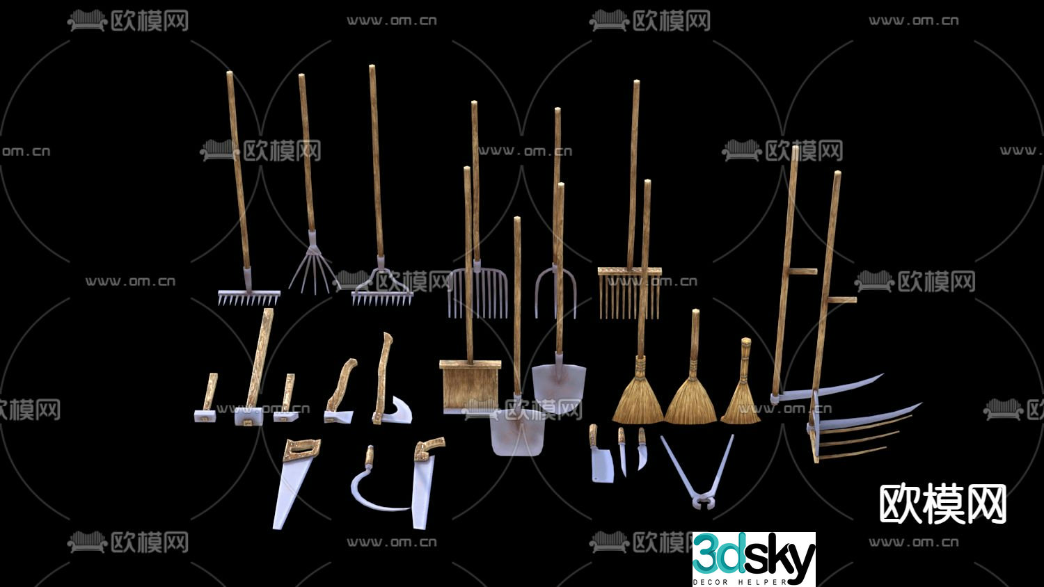 Farm tools sickle hoe broom 3d model