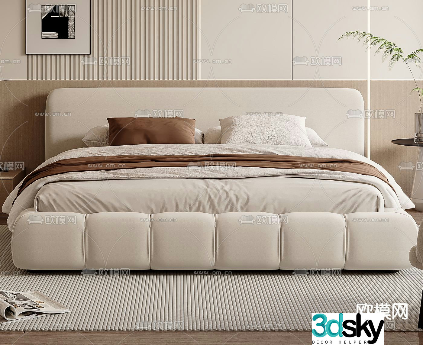 Cream style double bed 3d model