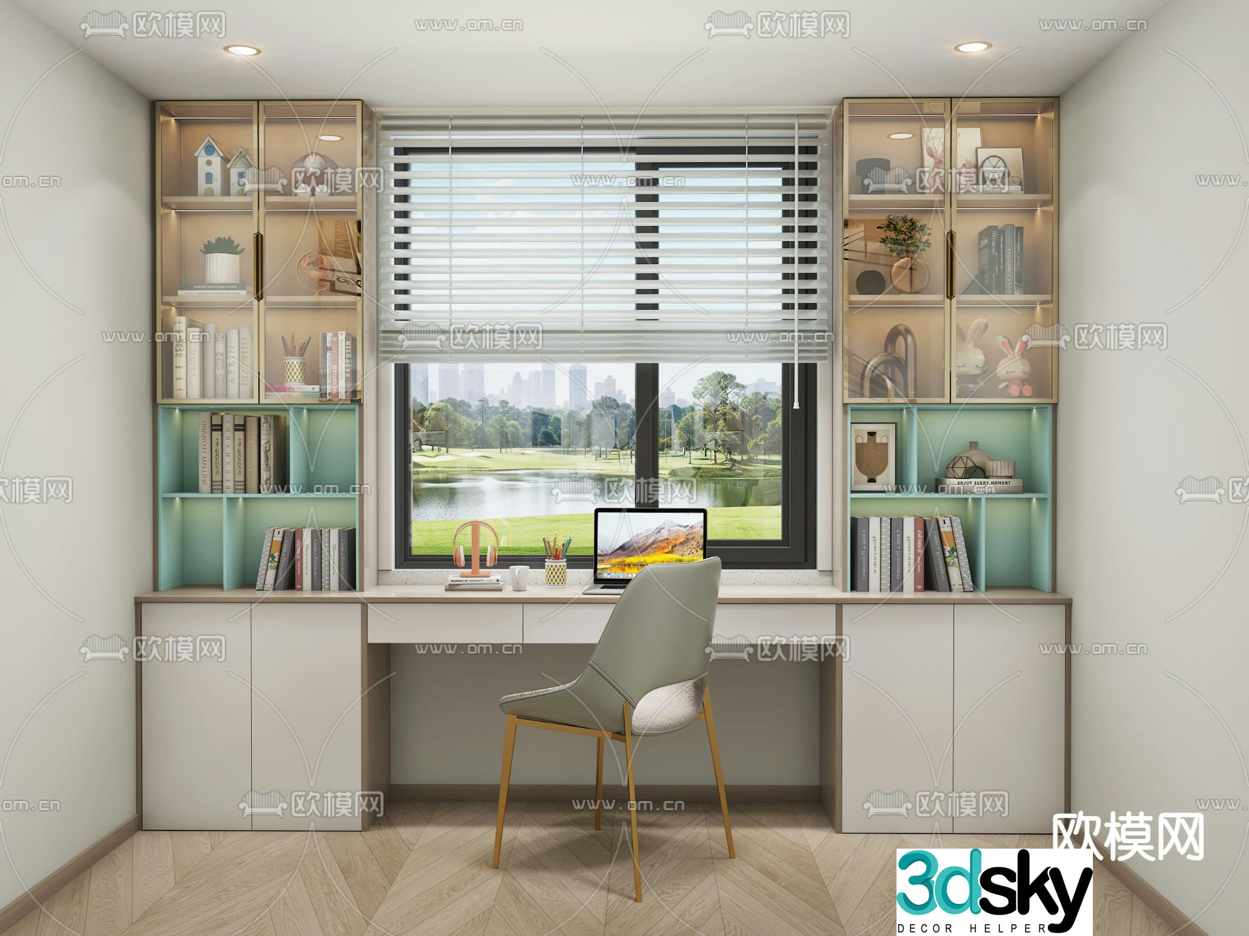 Integrated desk bookcase writing desk 3d model