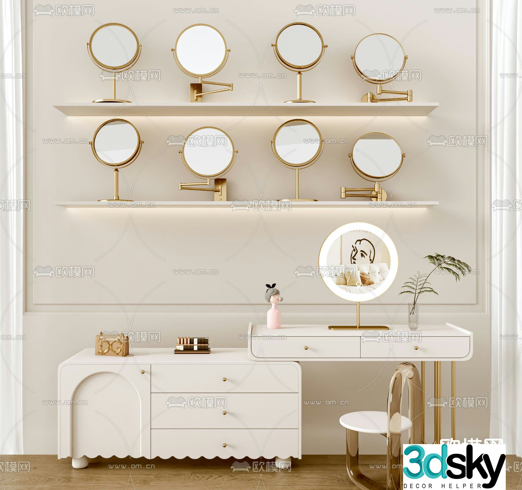 Light luxury dressing table cosmetic mirror 3D model