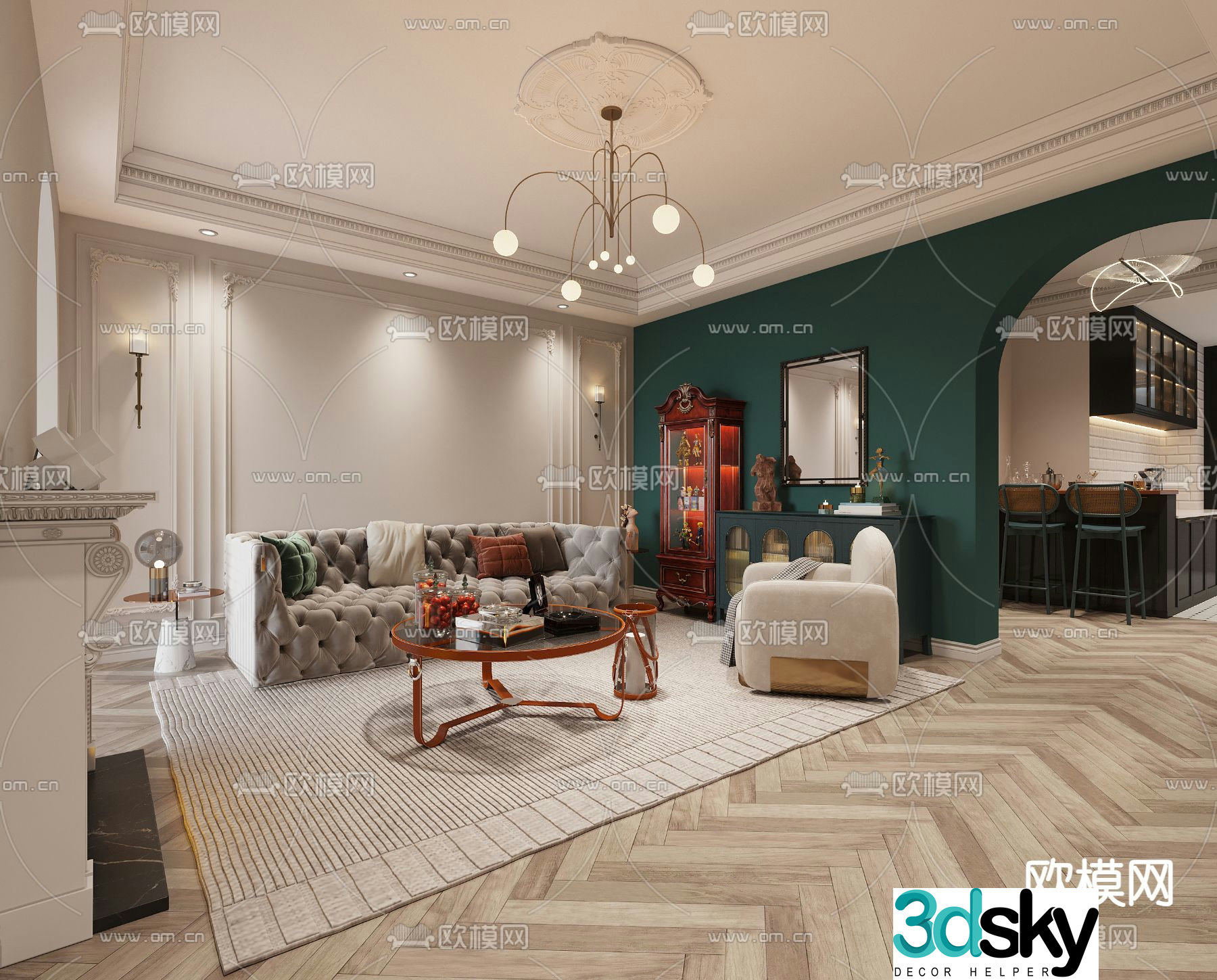 French living and dining room 3d model