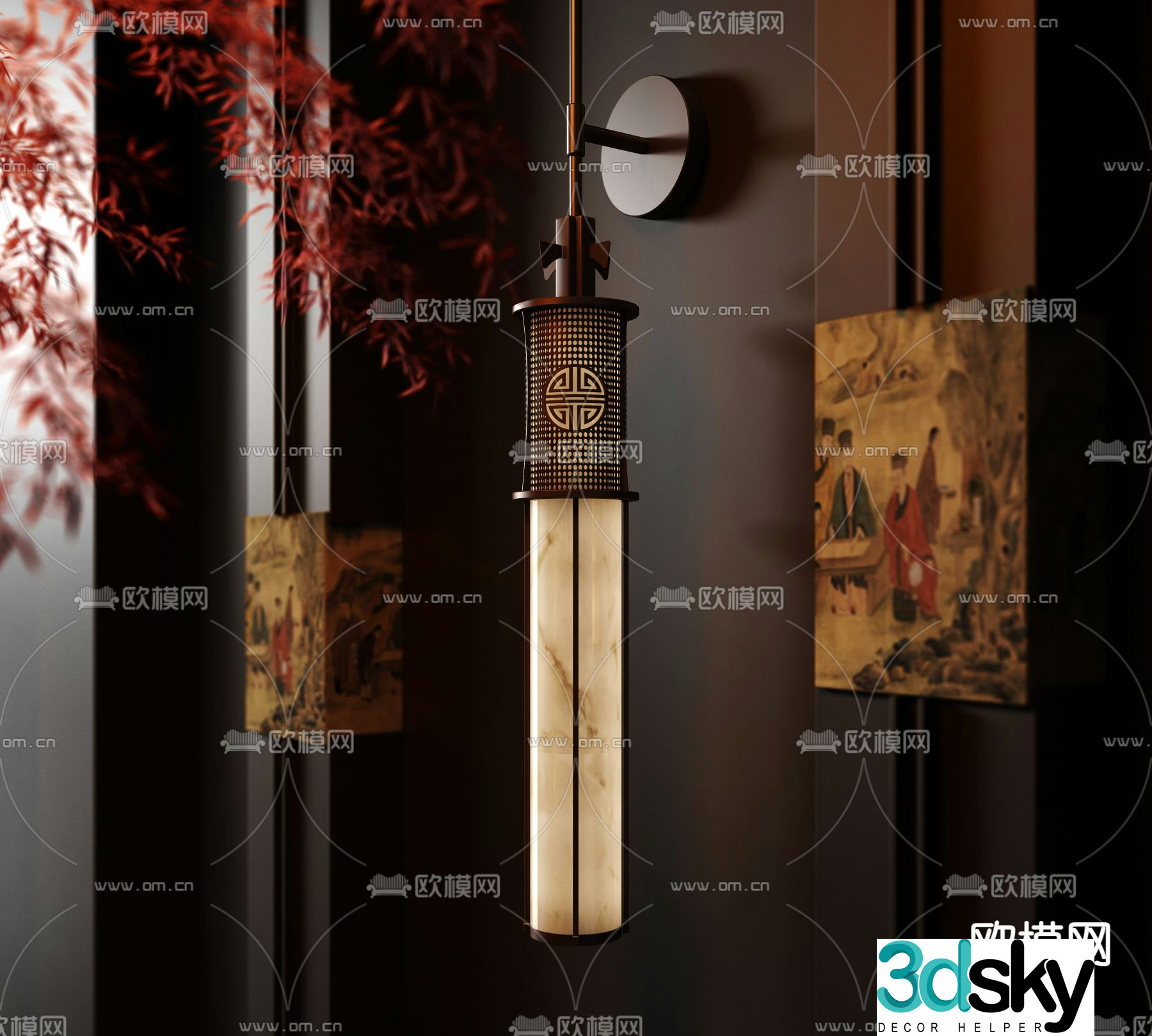 New Chinese style long chandelier 3d model