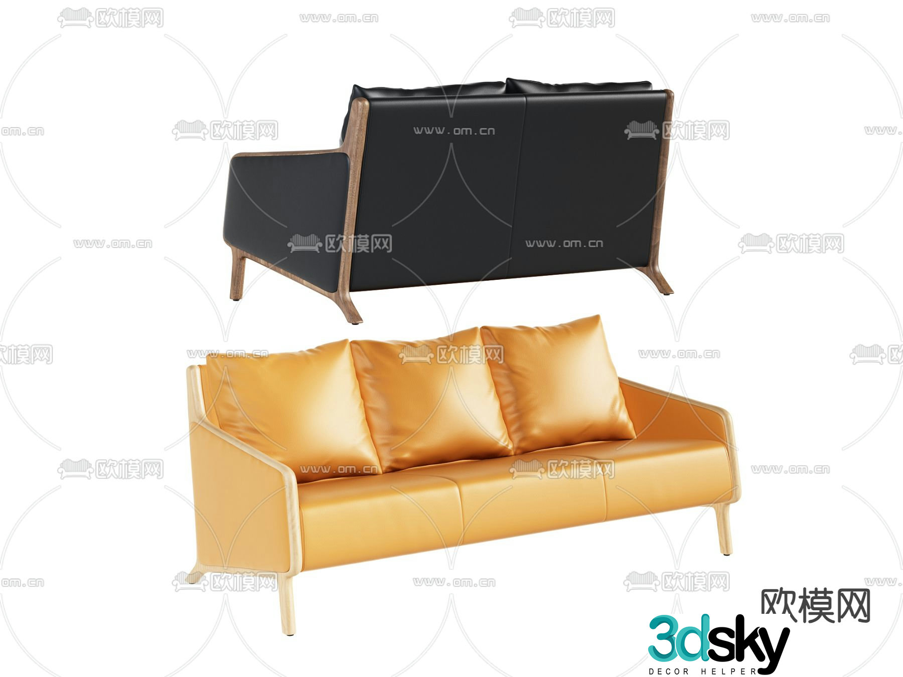 Three-person sofa leather sofa 3d model