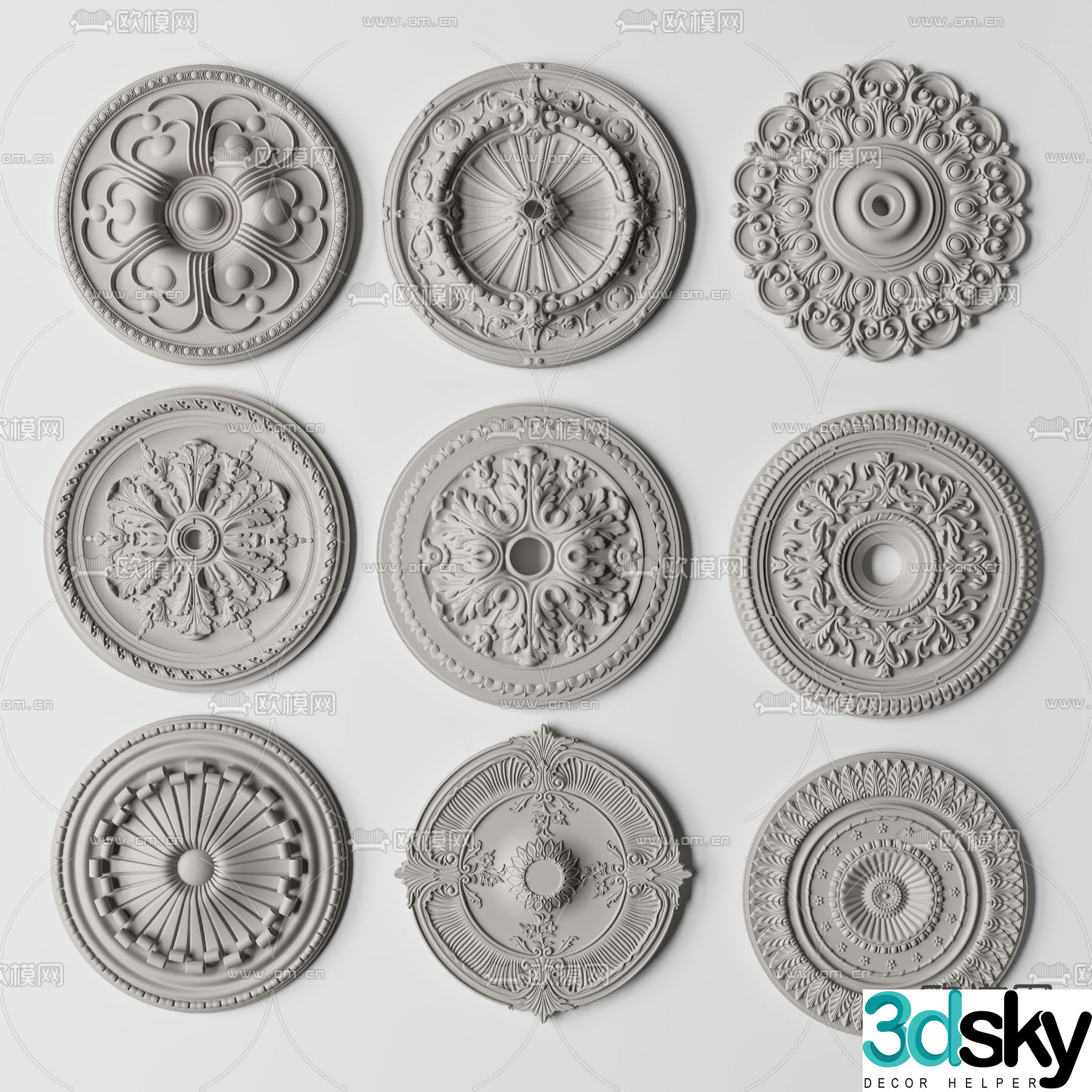 Simple European carved lamp panel gypsum lamp panel 3D model