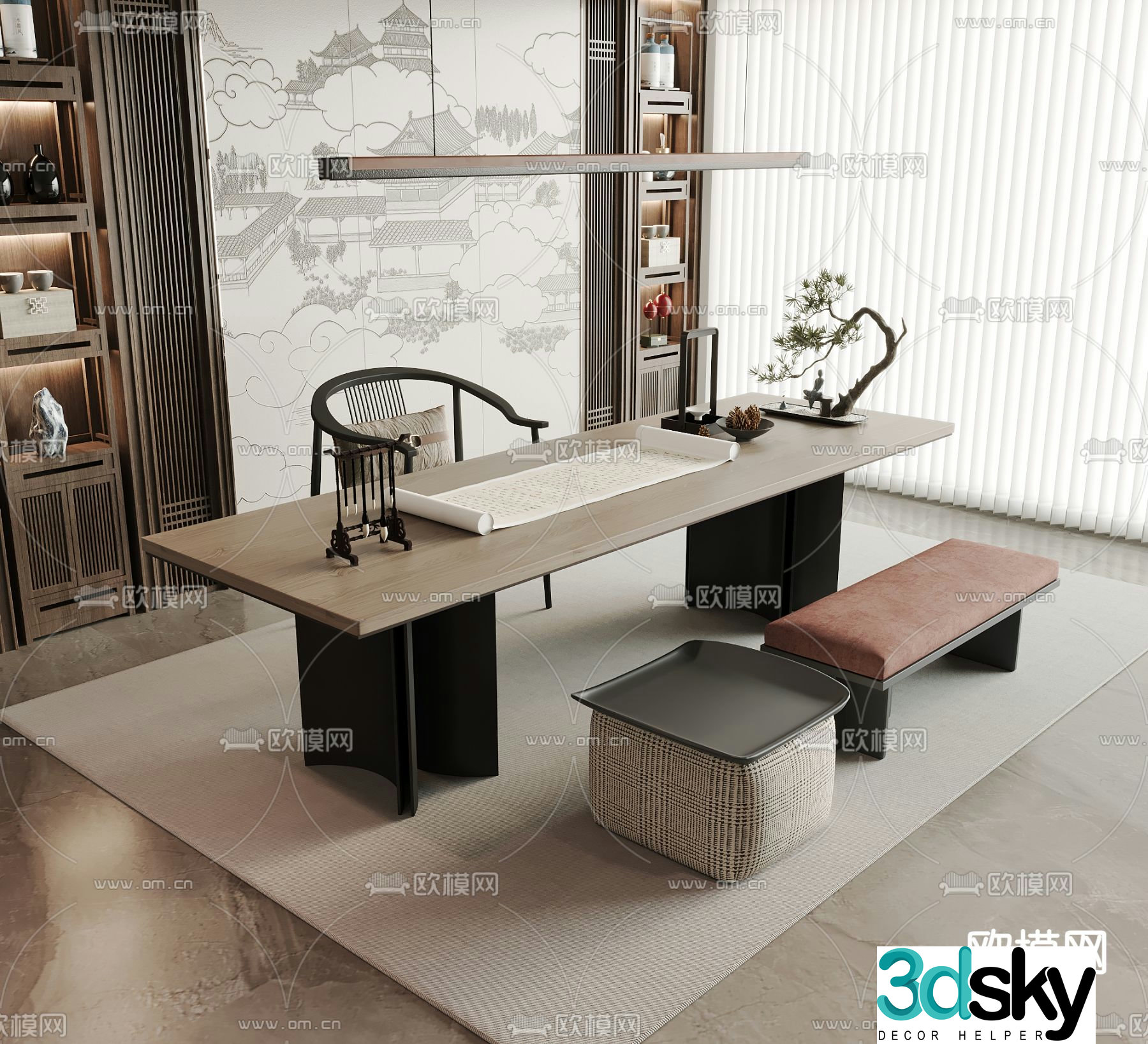 New Chinese style desk and chair calligraphy table 3d model