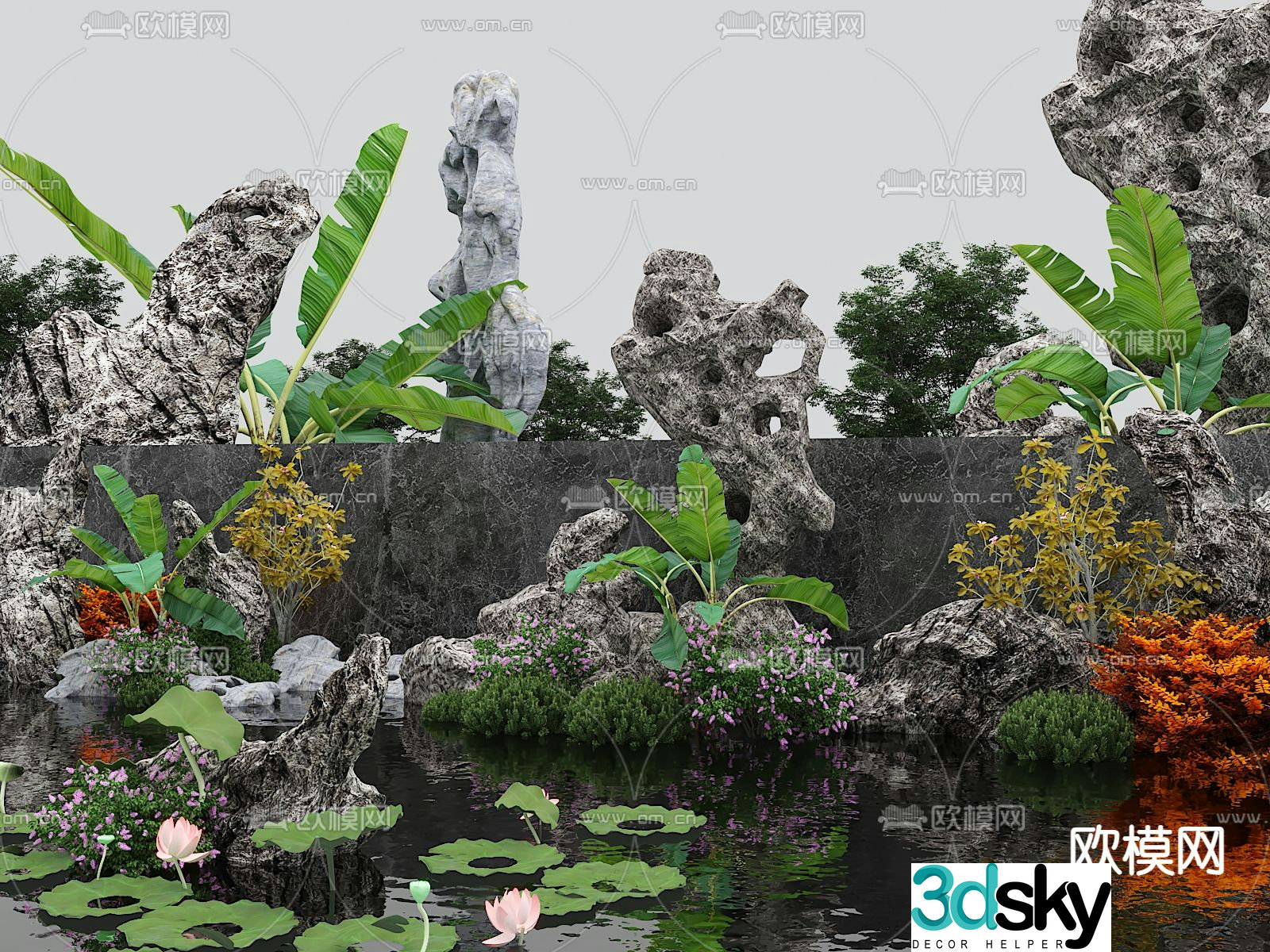 New Chinese style rockery water landscape 3D model