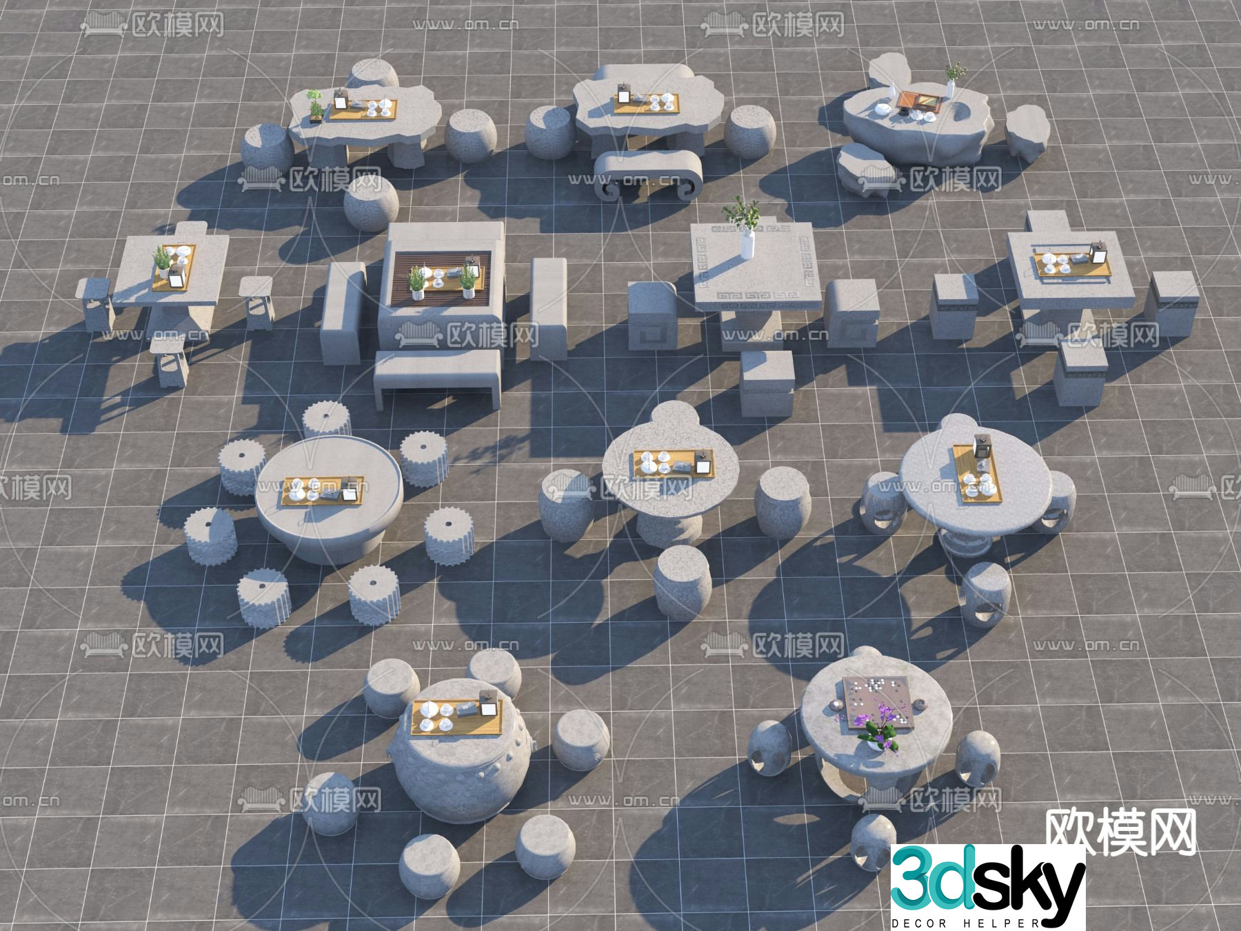 New Chinese style outdoor tables and chairs stone tables and chairs 3d model