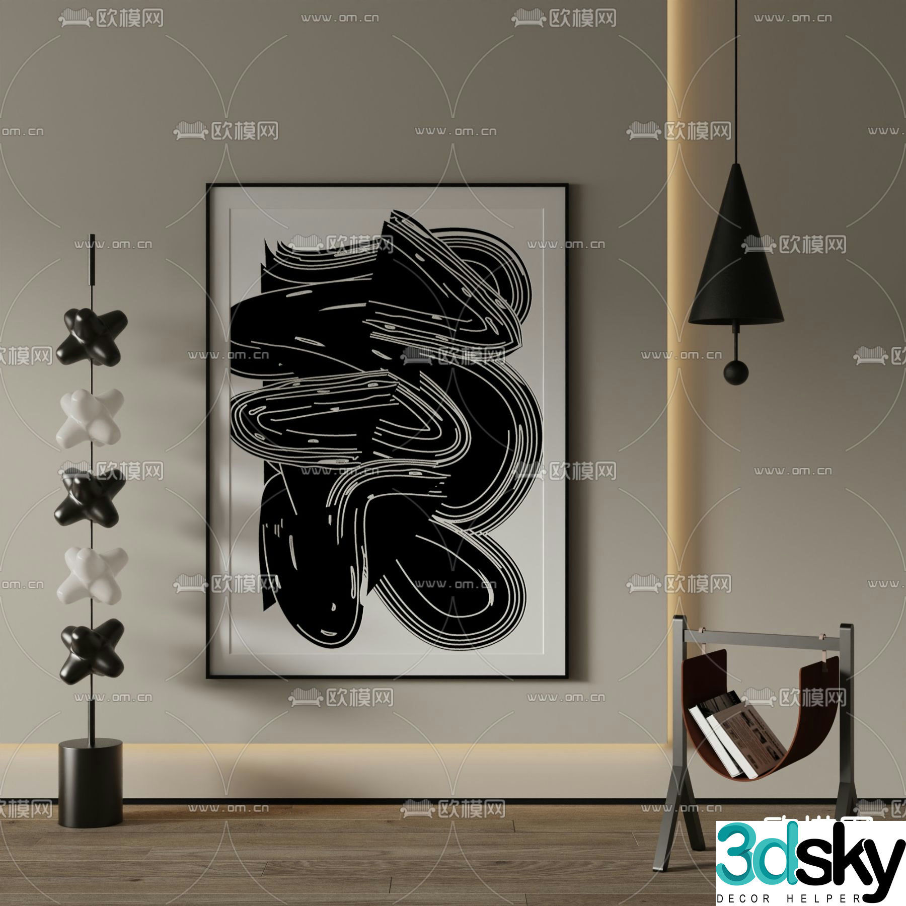 Modern decorative painting Abstract painting Black and white painting 3d model