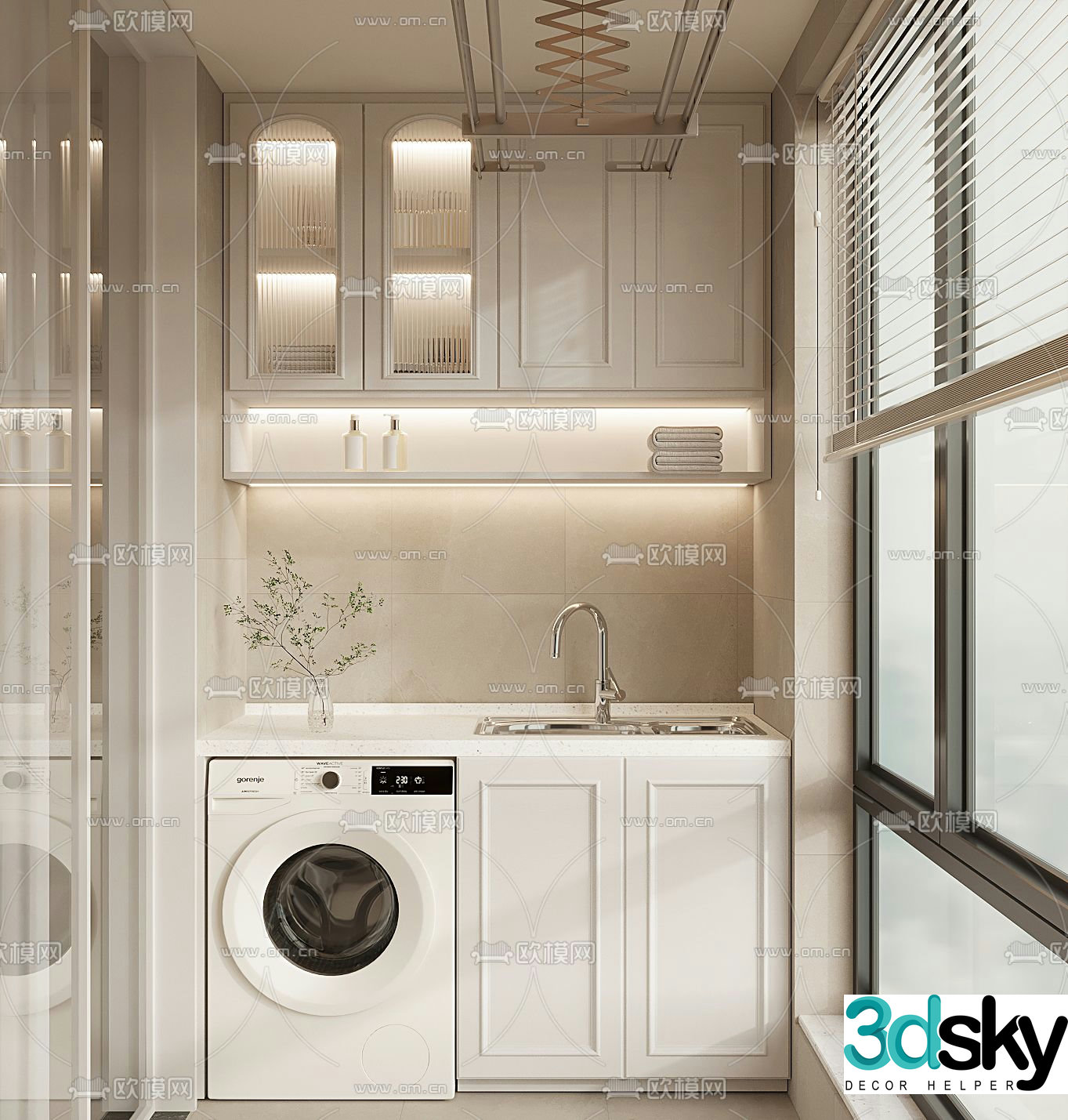 Cream style balcony cabinet washing machine cabinet 3d model