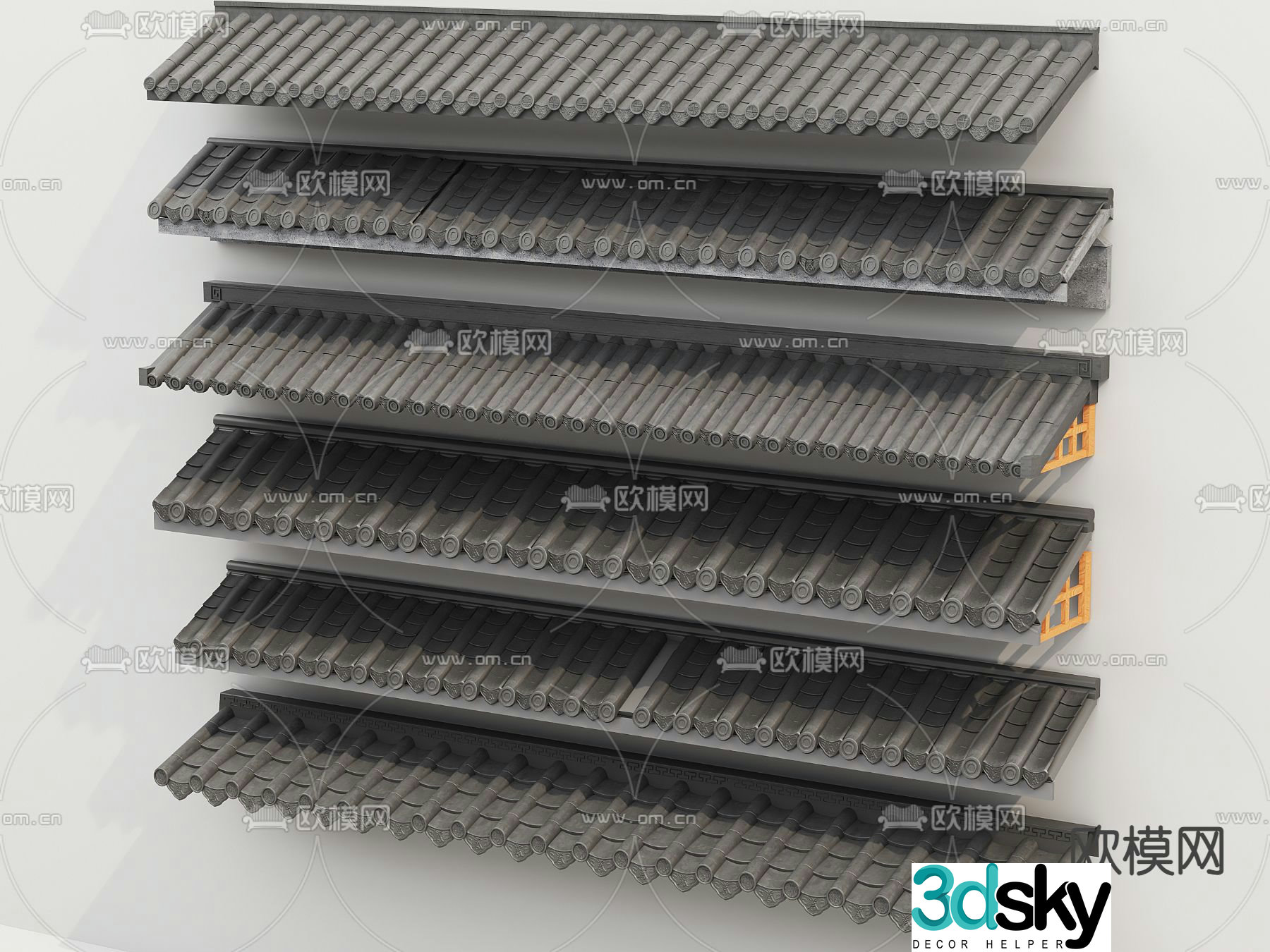 New Chinese style eaves ridges roofs tile 3d model