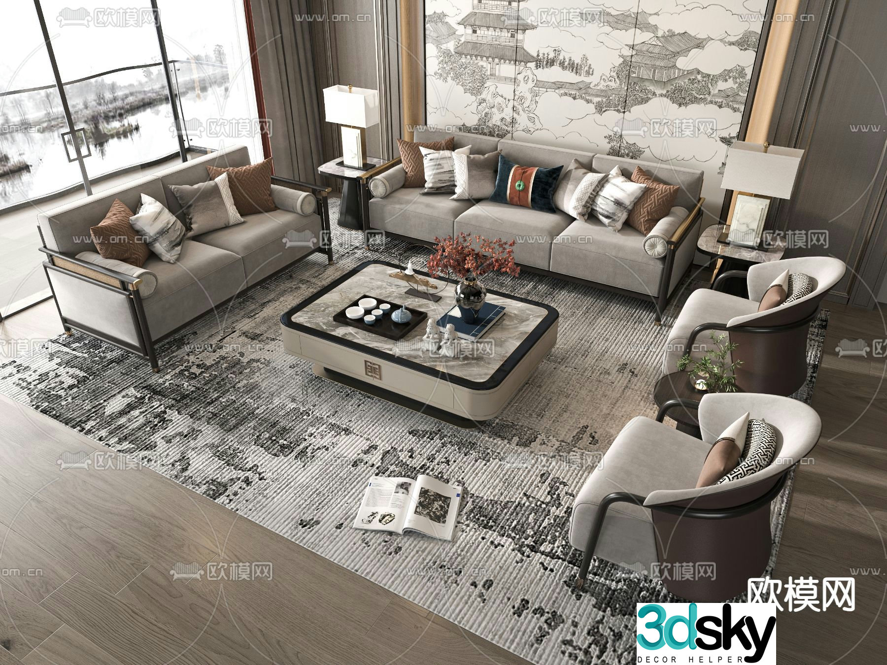 New Chinese style sofa modular sofa 3d model