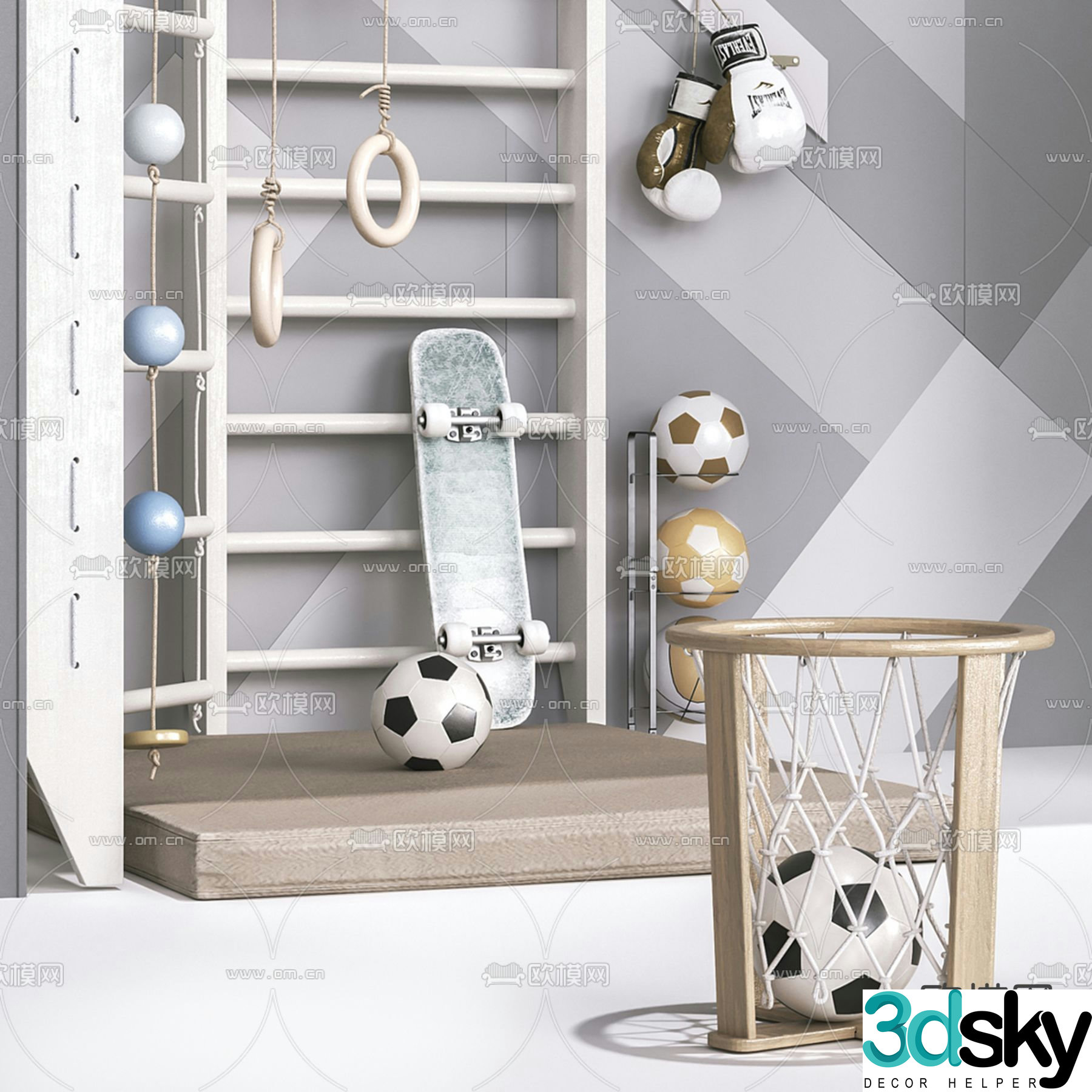 Sports equipment football skateboard rings boxing gloves 3d model