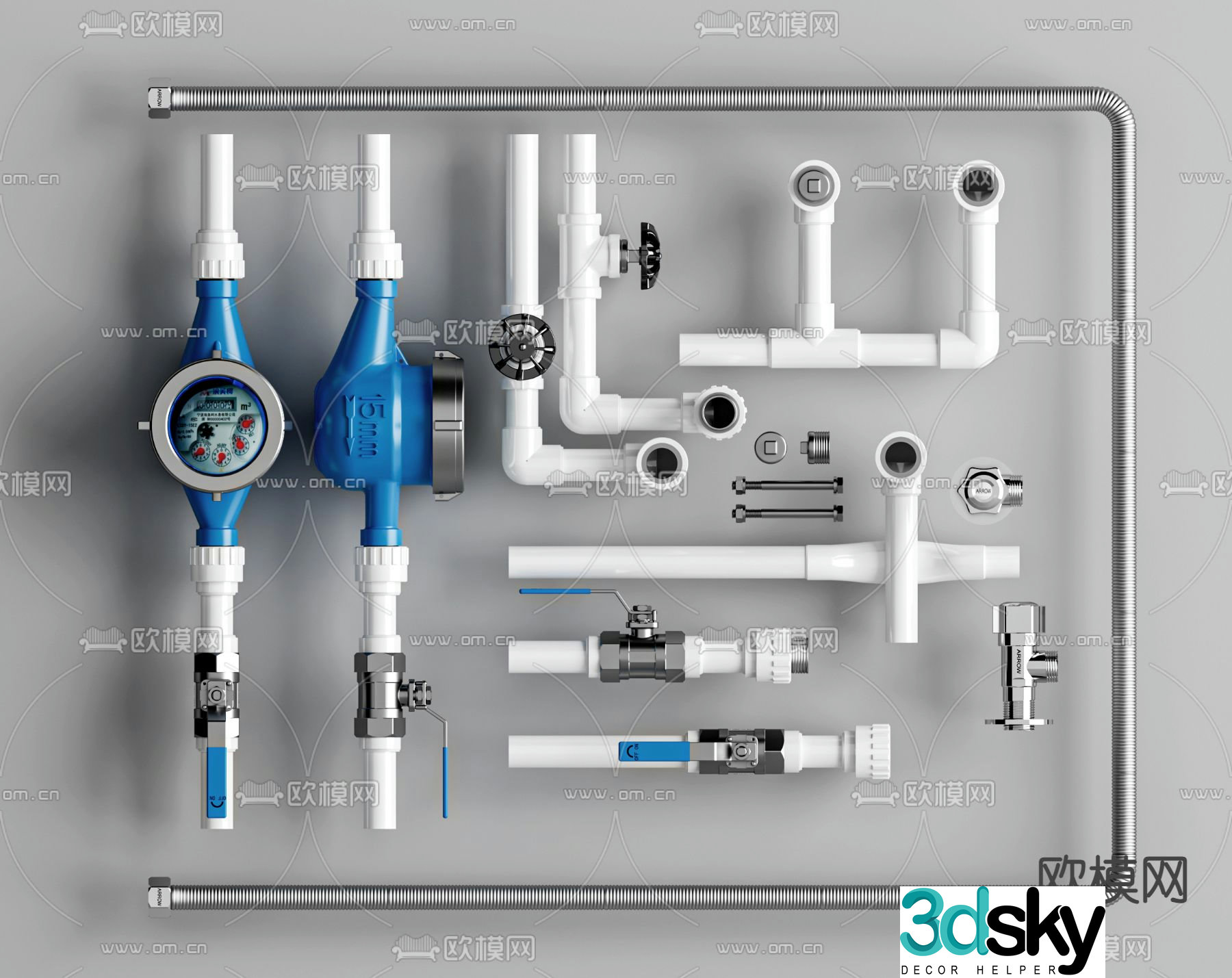 Sluice main switch Angle valve Three-way Water meter 3D model