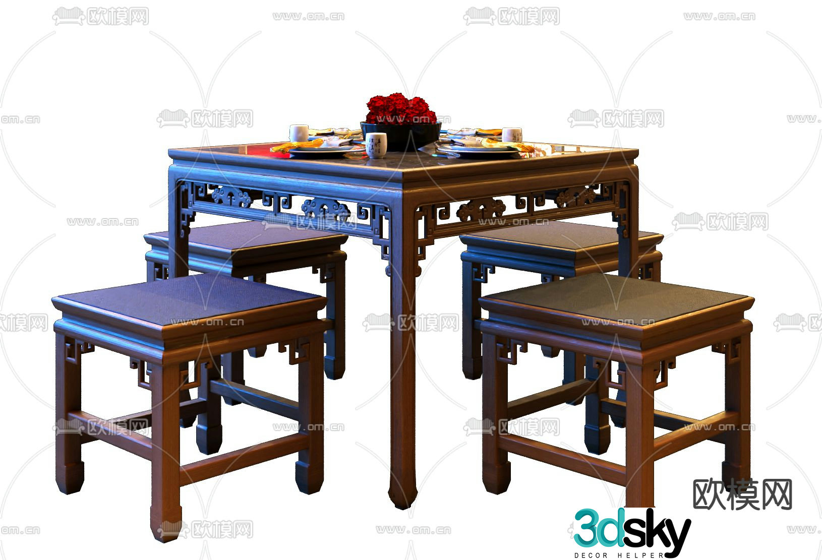 Chinese dining table and chairs Eight Immortals table 3D model