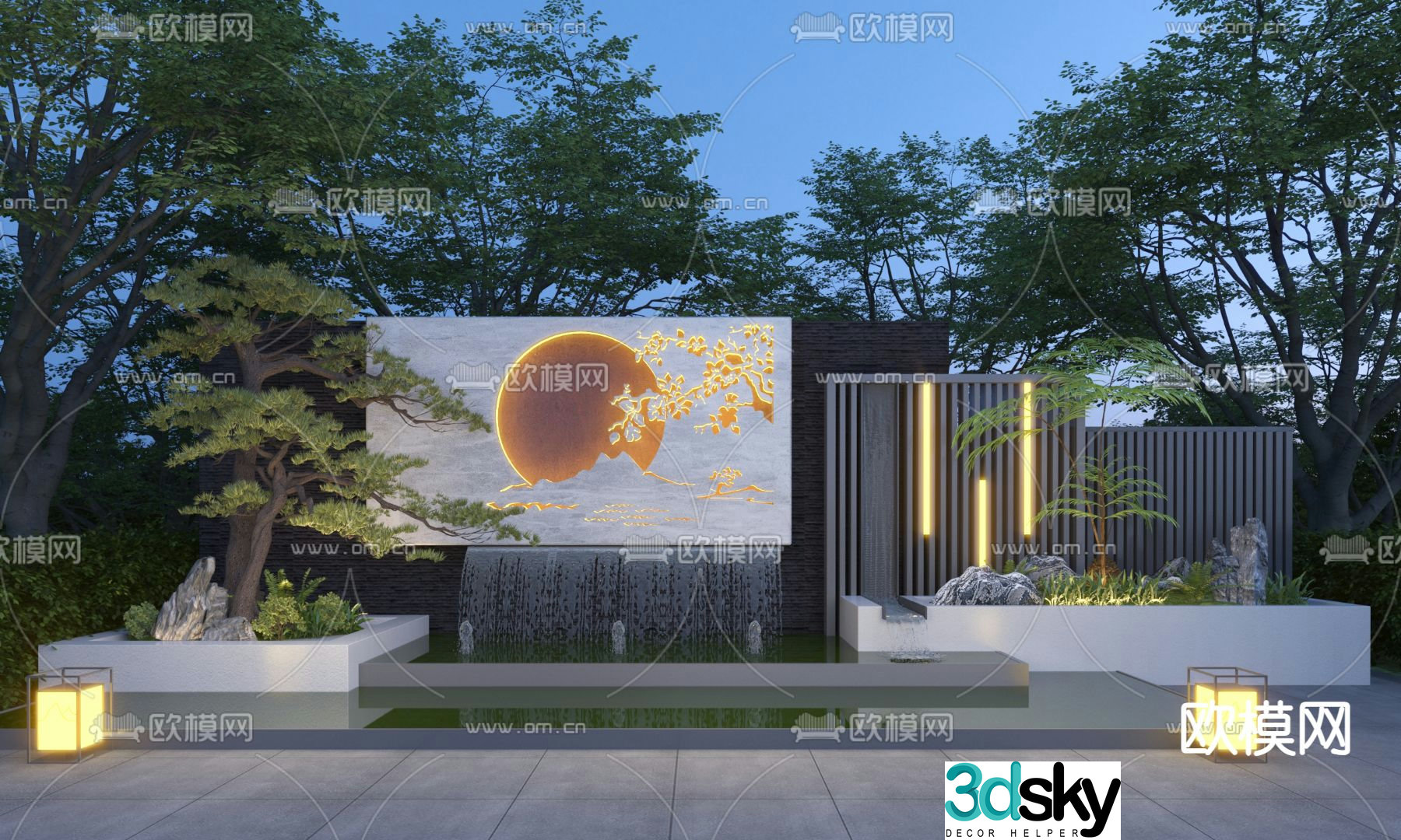 Courtyard stacked water feature wall fountain pool 3D model