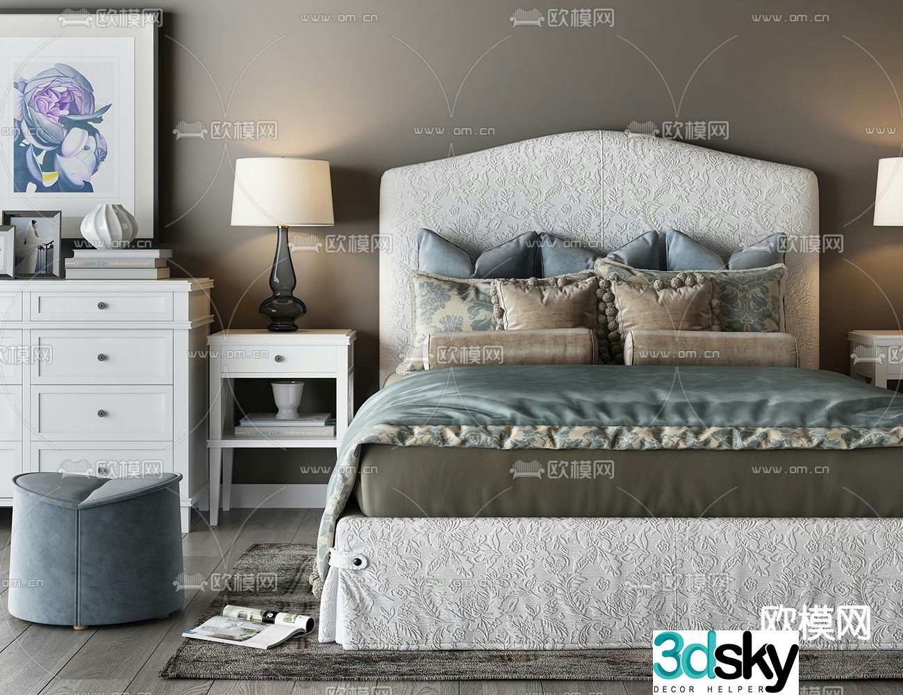 Simple European double bed 3d model
