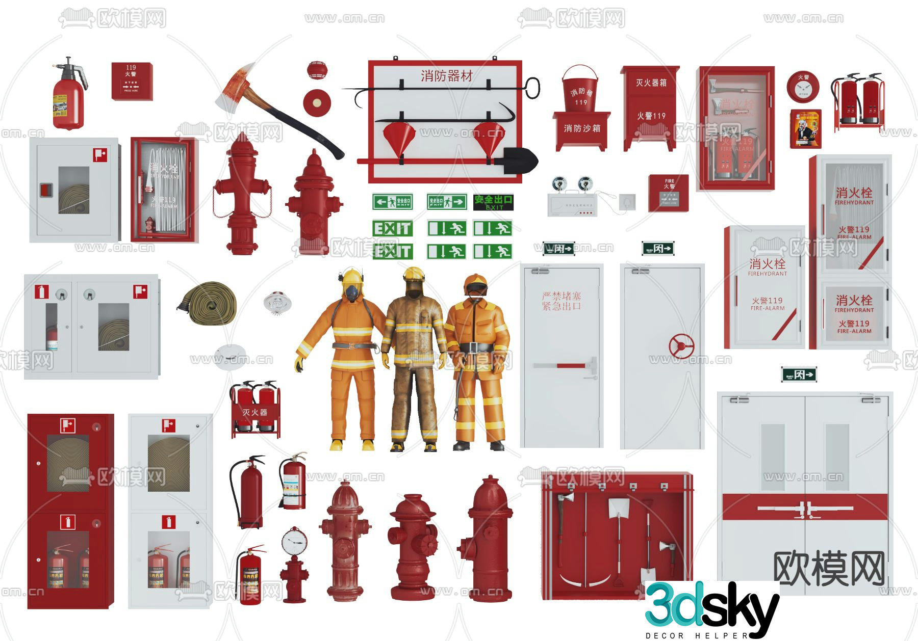 fire equipment fire hydrant fire extinguisher fire alarm fire safety door fire door 3d model