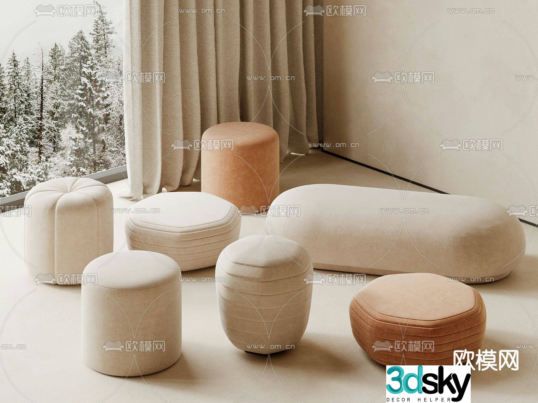 Stool sofa stool low stool round stool footrest 3D model
