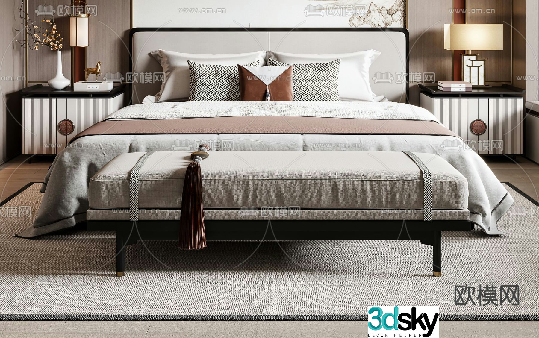 New Chinese style double bed 3d model