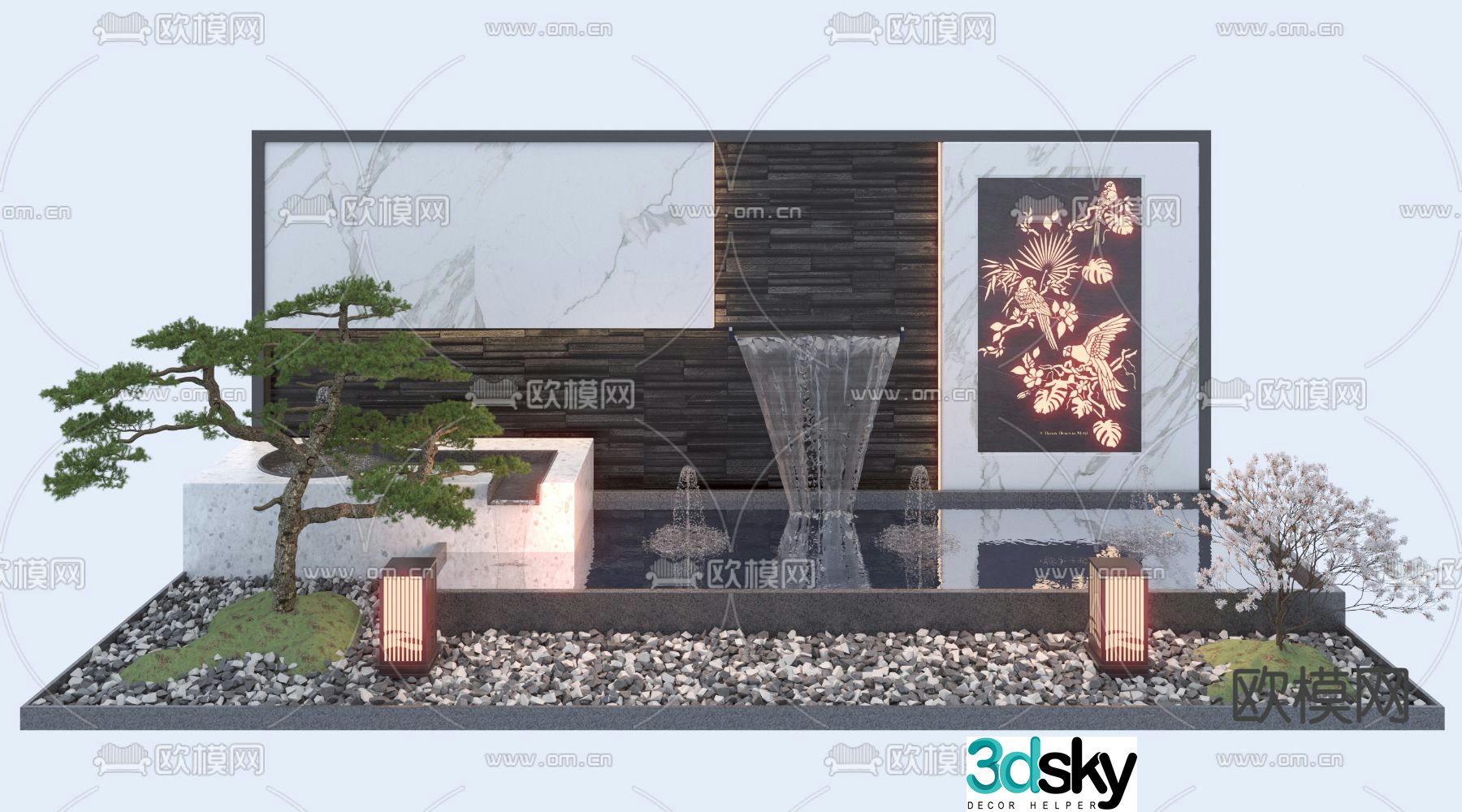Courtyard water feature wall fountain pool 3D model