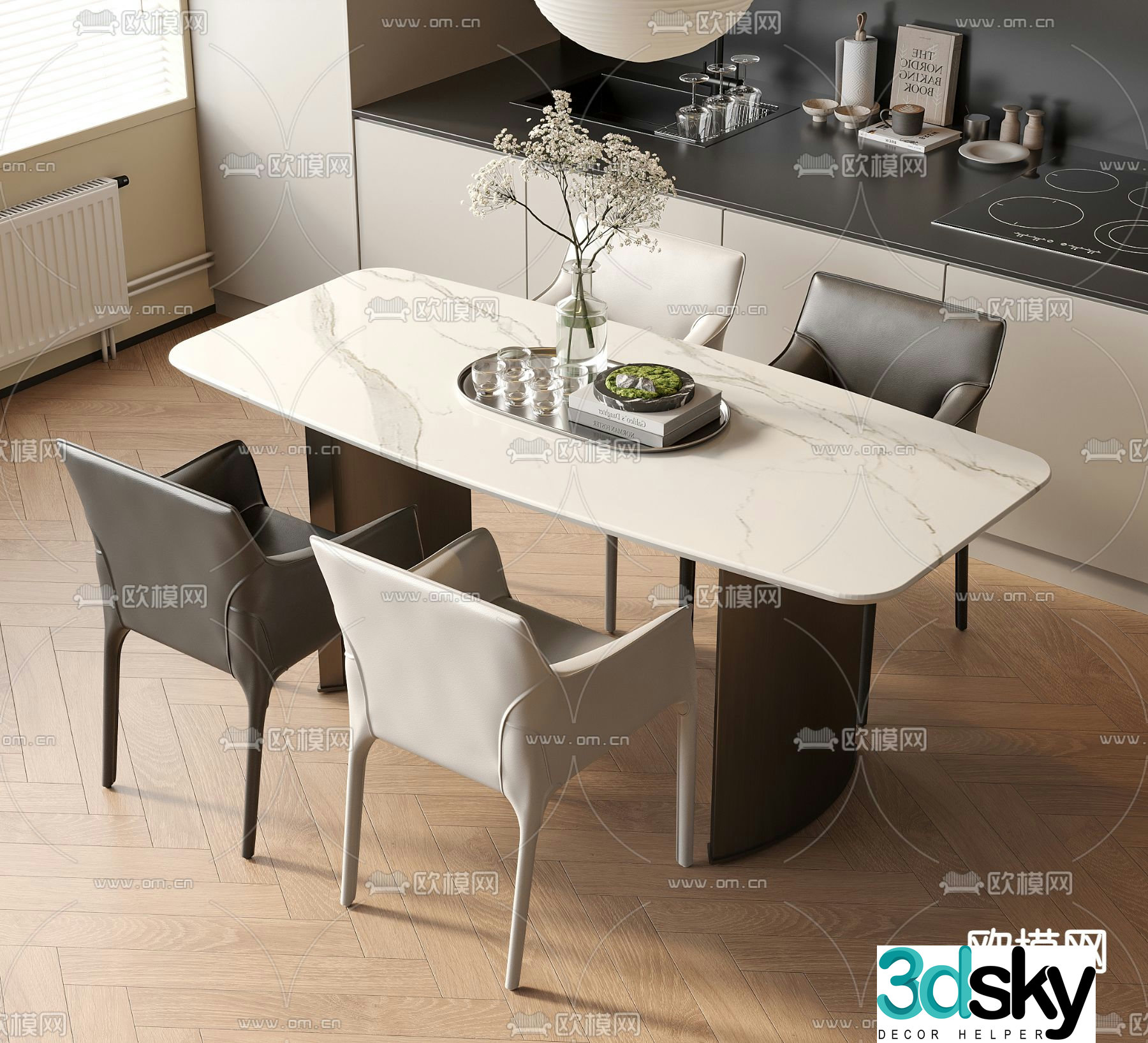 Modern dining table and chairs marble dining table 3d model