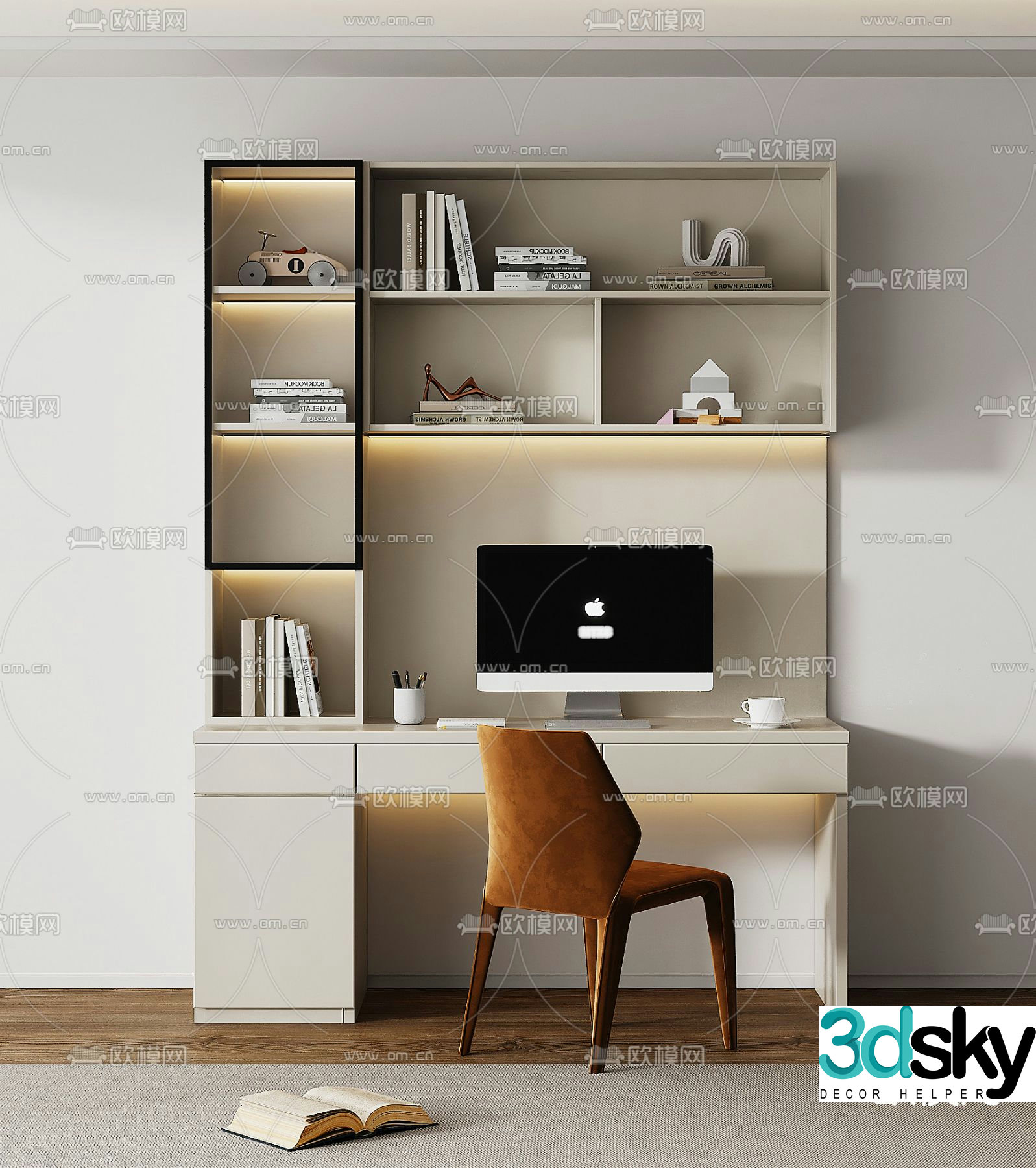 Cream style desk bookcase 3d model