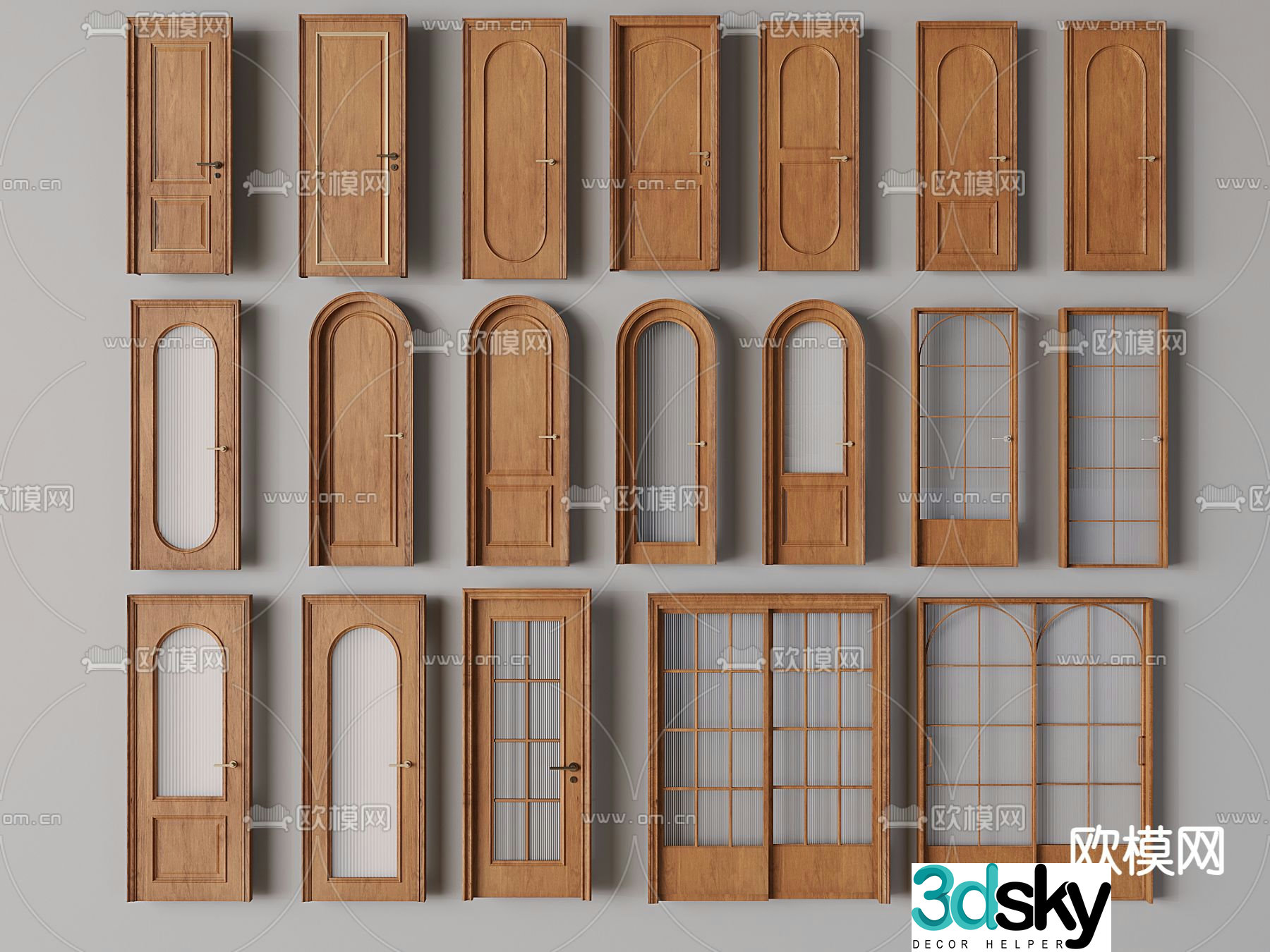 Medium style single-open door sliding door glass door round arch 3d model